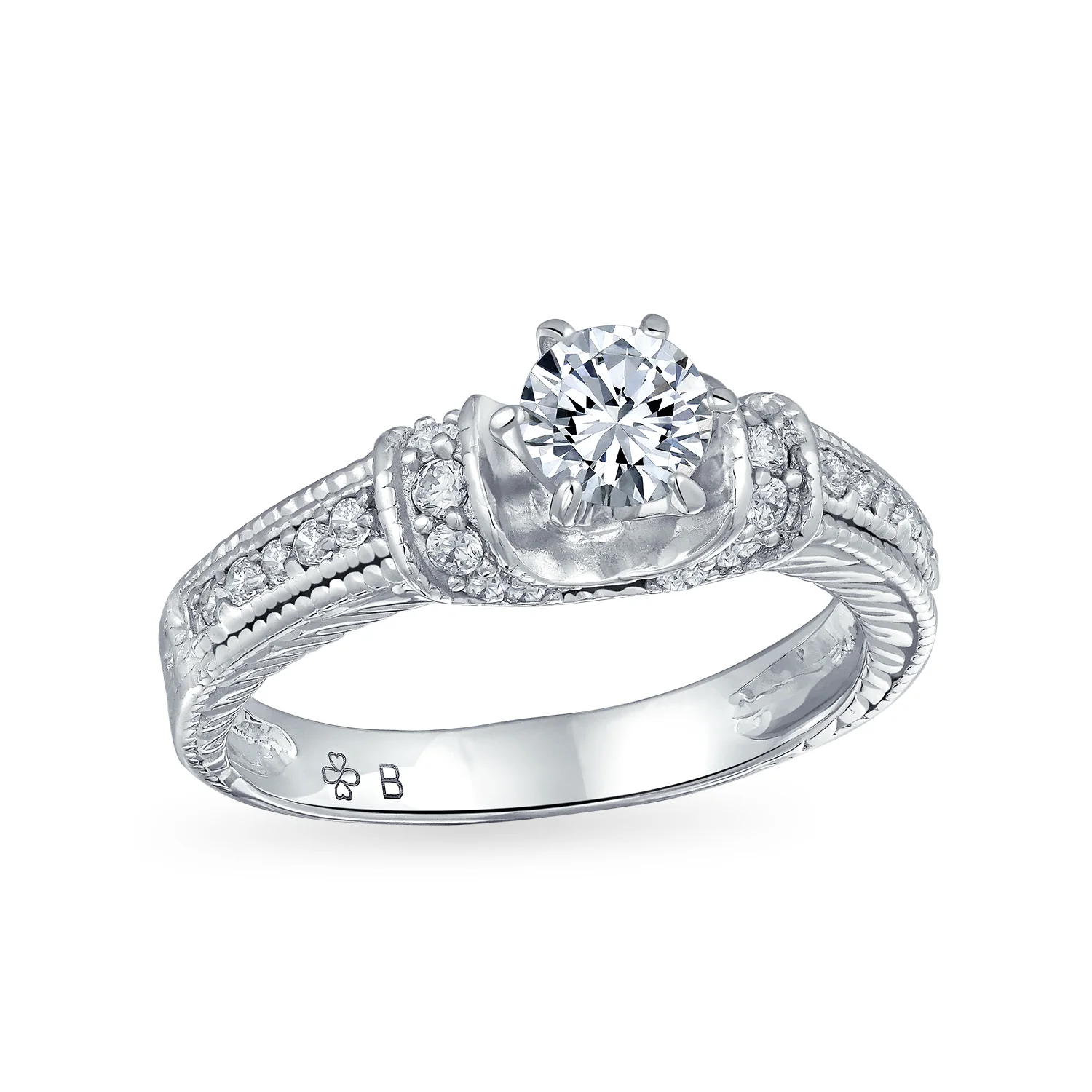 Vintage Art Deco Style 1CT CZ Solitaire Ring 6 Prong With Filigree Sides Band .925 Sterling Silver