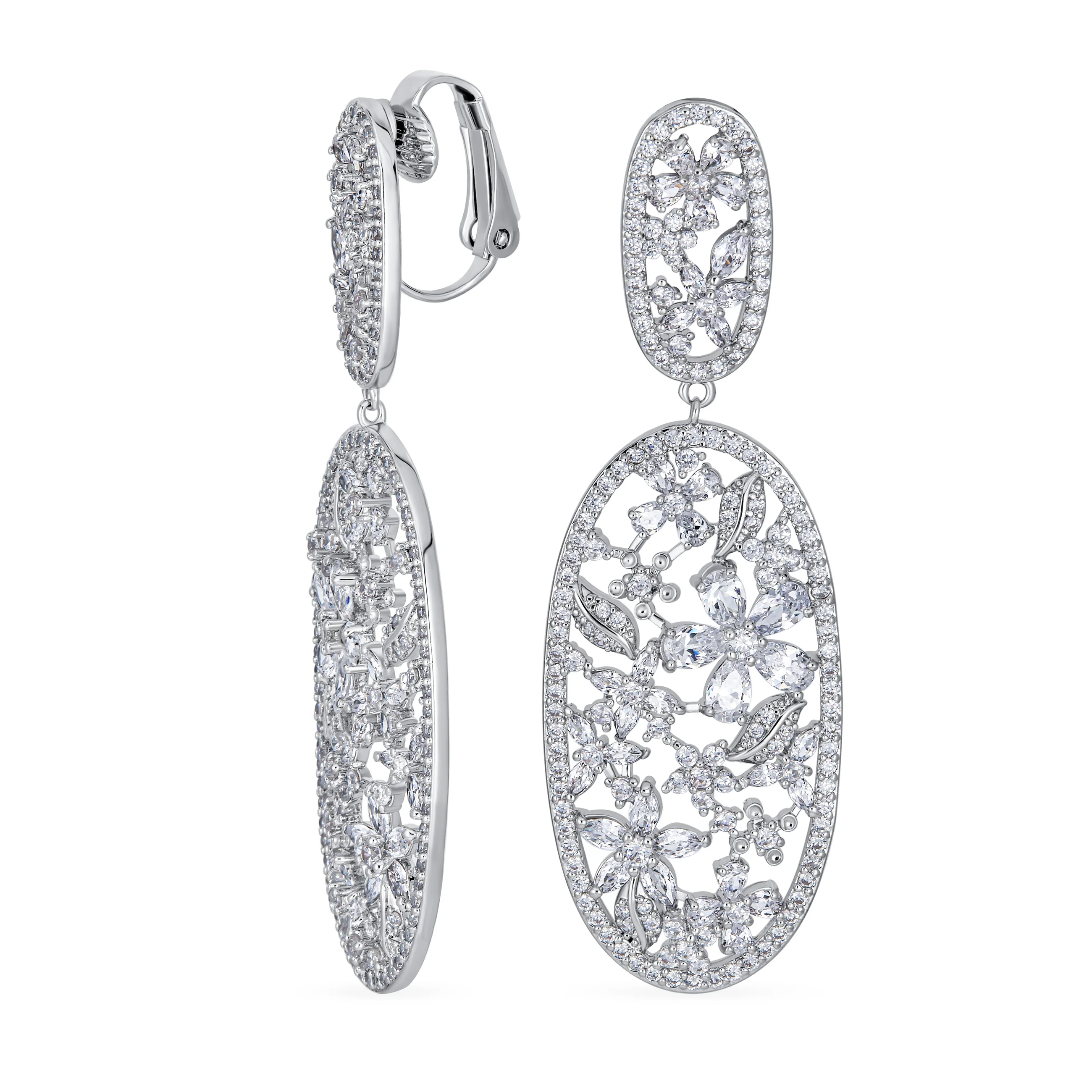 Vintage Art Deco Cubic Zirconia Flower Leaf Clip-On Earrings for Weddings