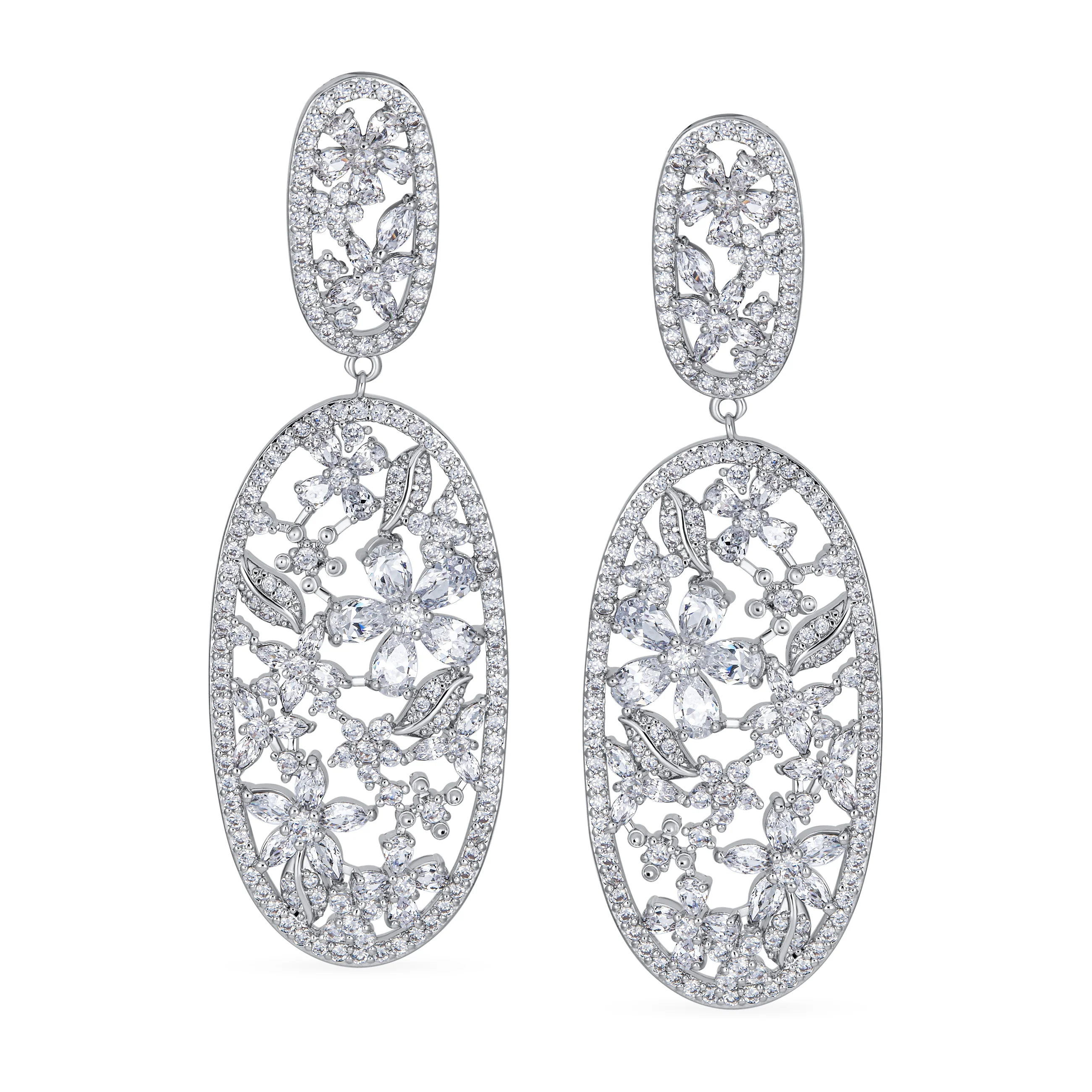 Vintage Art Deco Cubic Zirconia Flower Leaf Clip-On Earrings for Weddings - Image 2