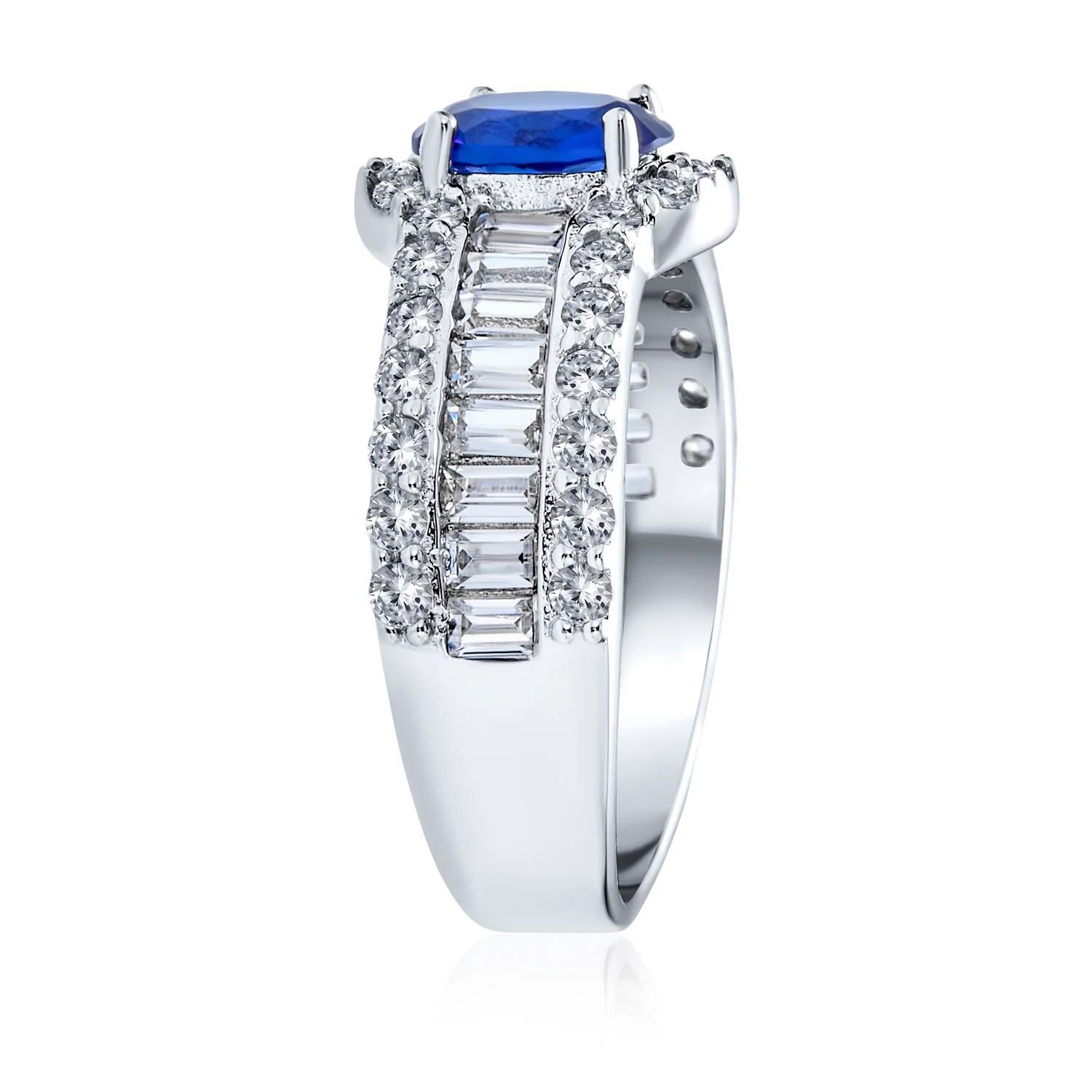 Vintage Art Deco Halo Blue Simulated Sapphire Engagement Ring Sterling Silver - Image 3