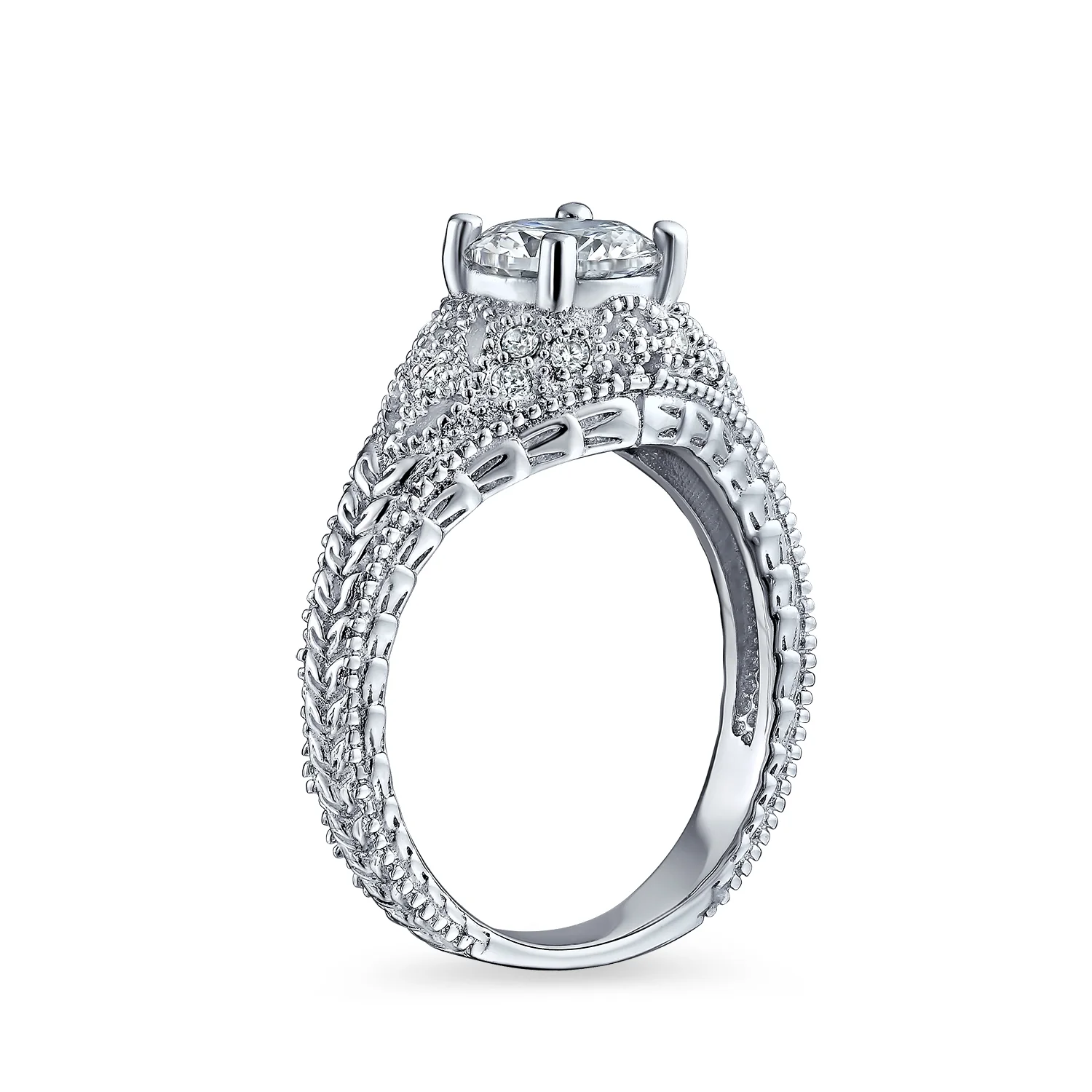 Art Deco Style 2CT Cubic Zirconia Solitaire CZ Engagement Ring Milgrain Band .925 Sterling Silver - Image 2