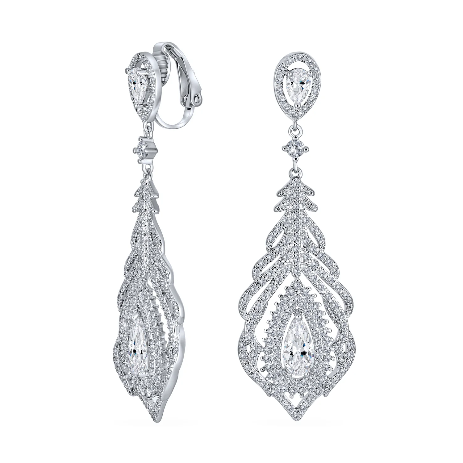 Art Deco Style Cubic Zirconia Leaf Shape Teardrop Statement CZ Chandelier Clip On Earrings