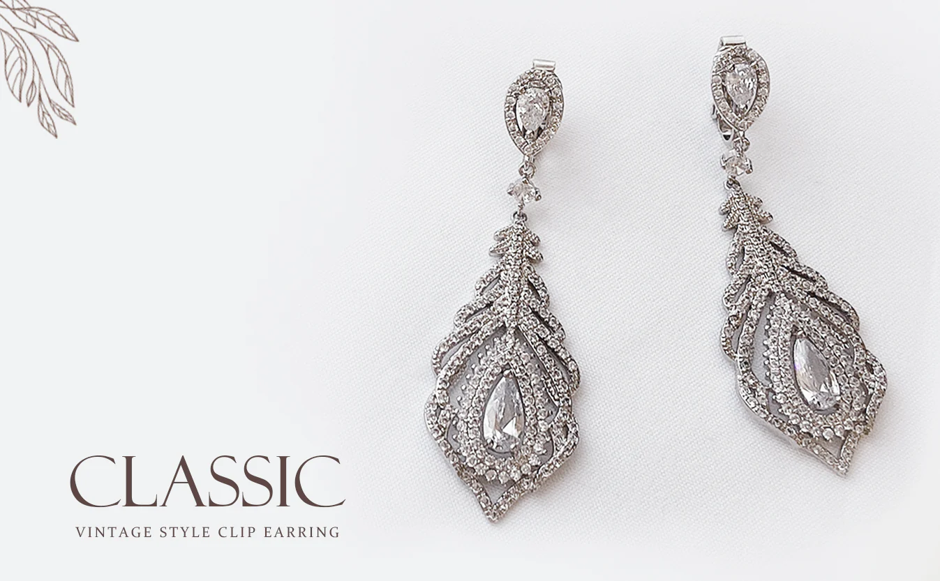 Art Deco Style Cubic Zirconia Leaf Shape Teardrop Statement CZ Chandelier Clip On Earrings - Image 11