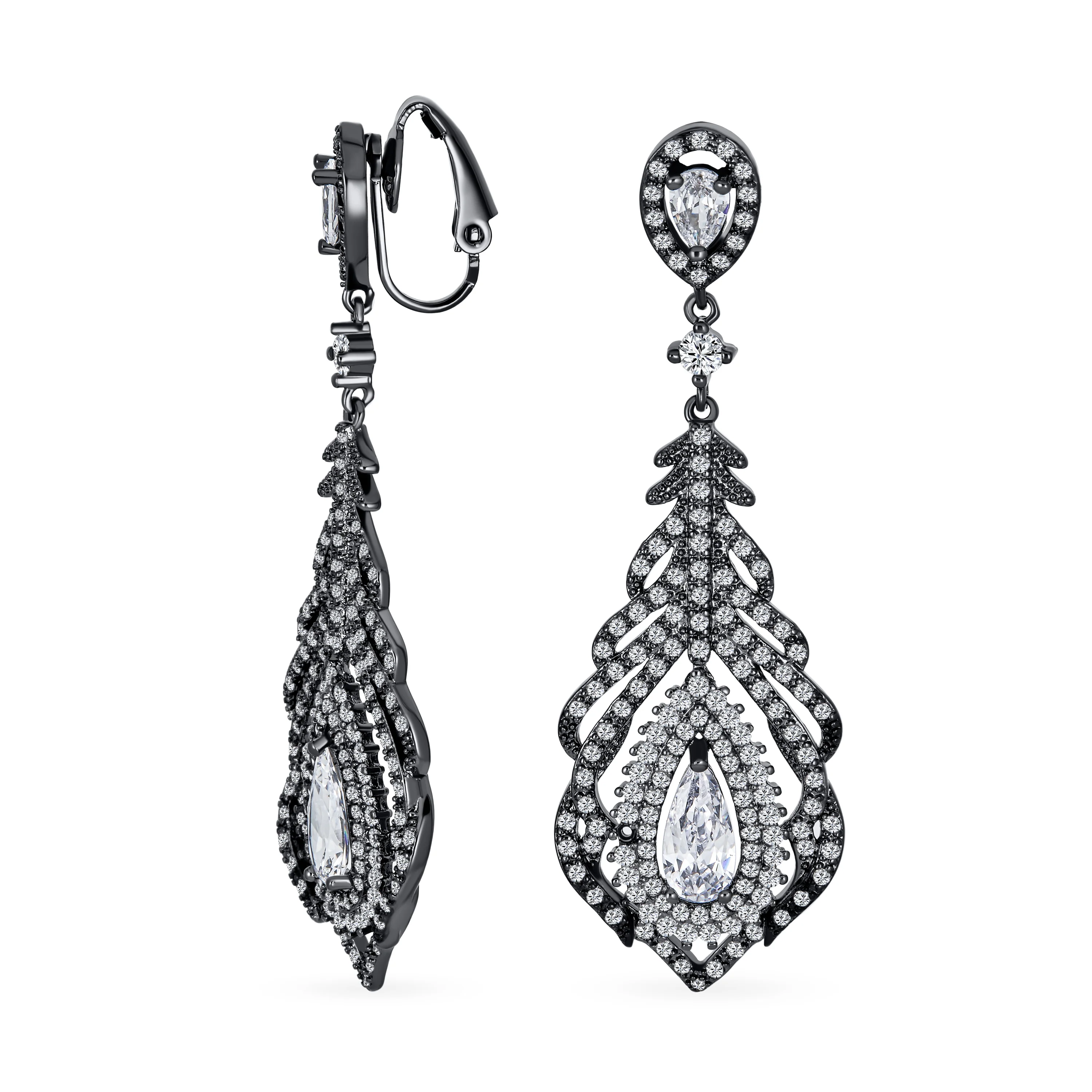Art Deco Style Cubic Zirconia Leaf Shape Teardrop Statement CZ Chandelier Clip On Earrings - Image 2