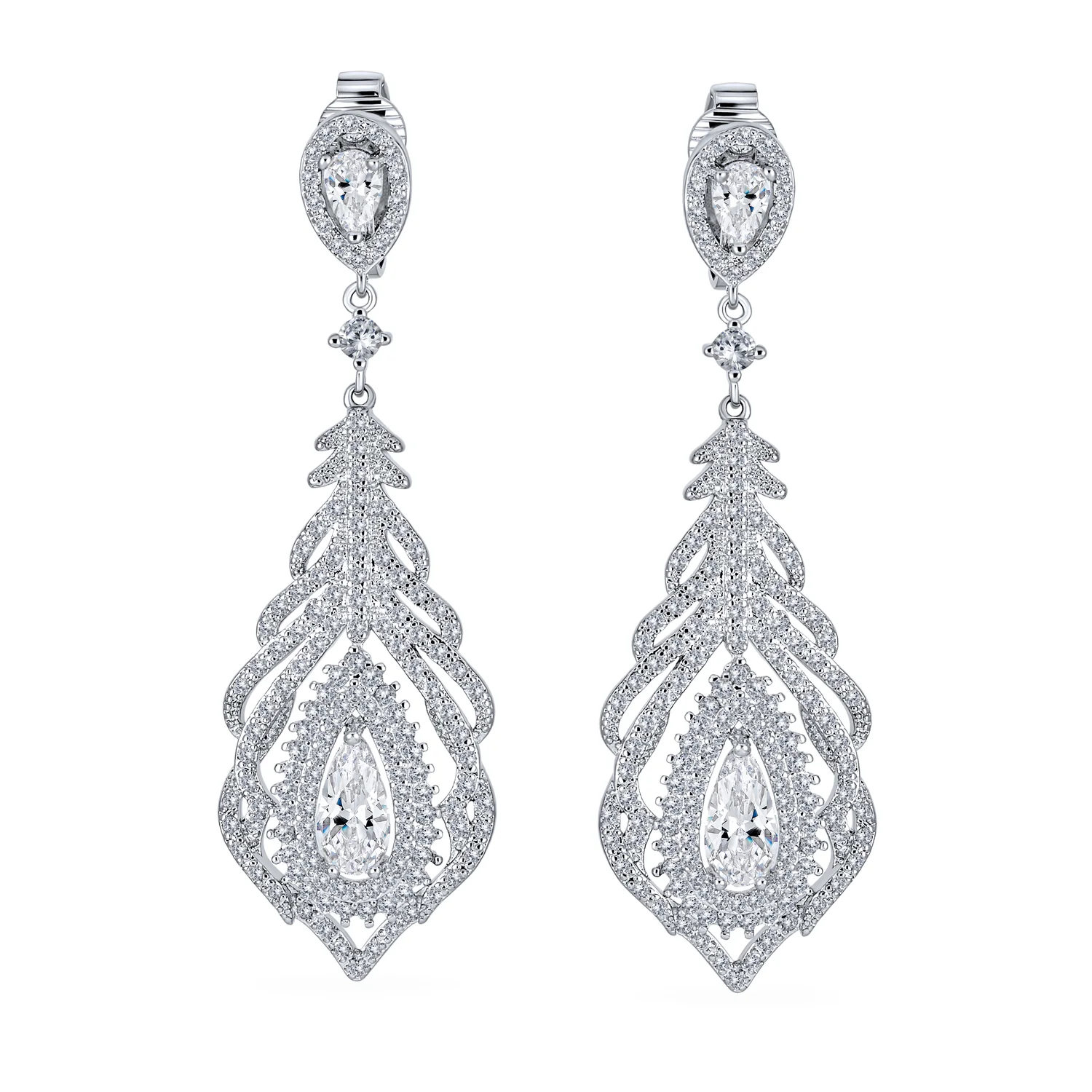Art Deco Style Cubic Zirconia Leaf Shape Teardrop Statement CZ Chandelier Clip On Earrings - Image 3