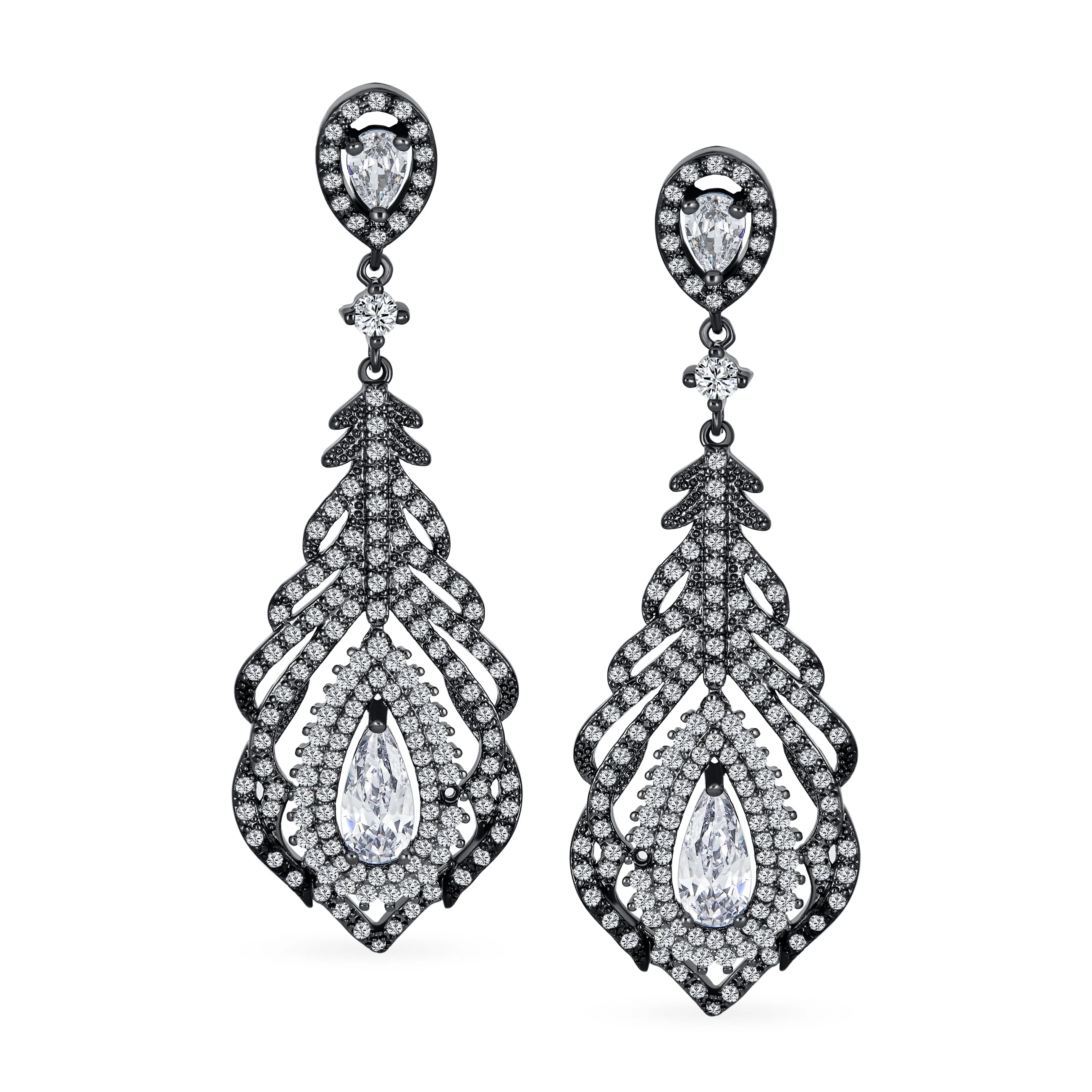 Art Deco Style Cubic Zirconia Leaf Shape Teardrop Statement CZ Chandelier Clip On Earrings - Image 4