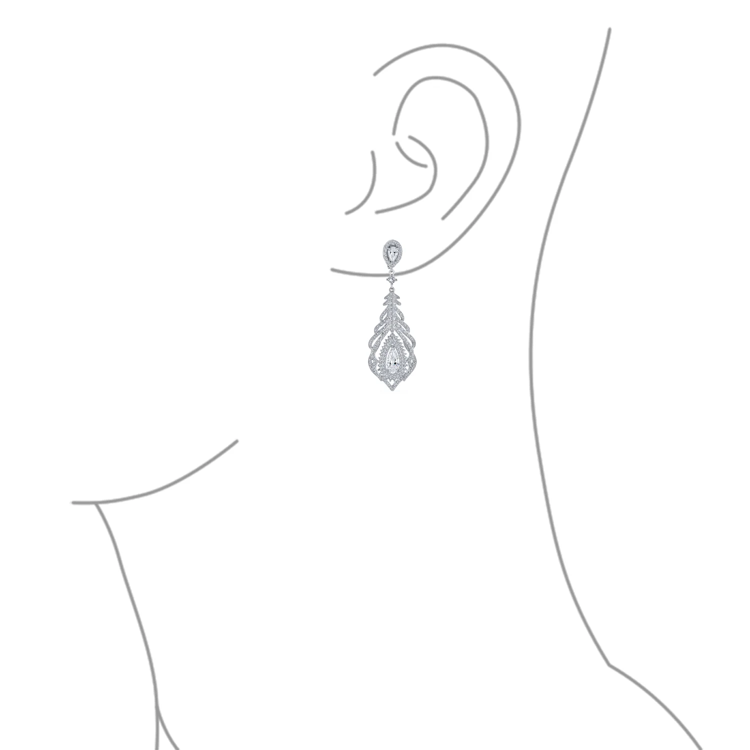 Art Deco Style Cubic Zirconia Leaf Shape Teardrop Statement CZ Chandelier Clip On Earrings - Image 5