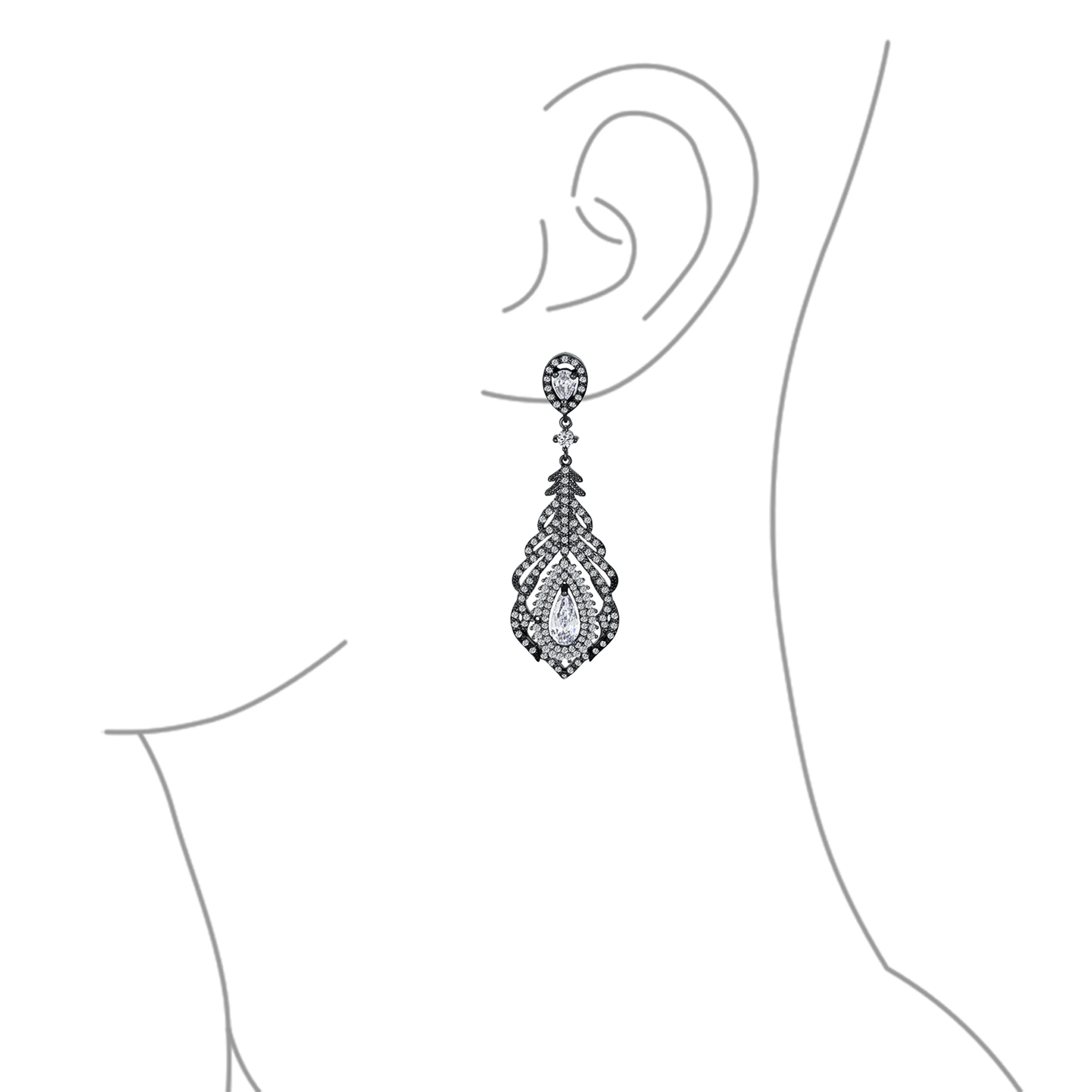 Art Deco Style Cubic Zirconia Leaf Shape Teardrop Statement CZ Chandelier Clip On Earrings - Image 6