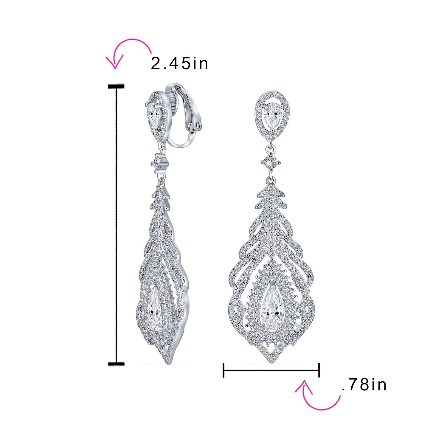 Art Deco Style Cubic Zirconia Leaf Shape Teardrop Statement CZ Chandelier Clip On Earrings - Image 7