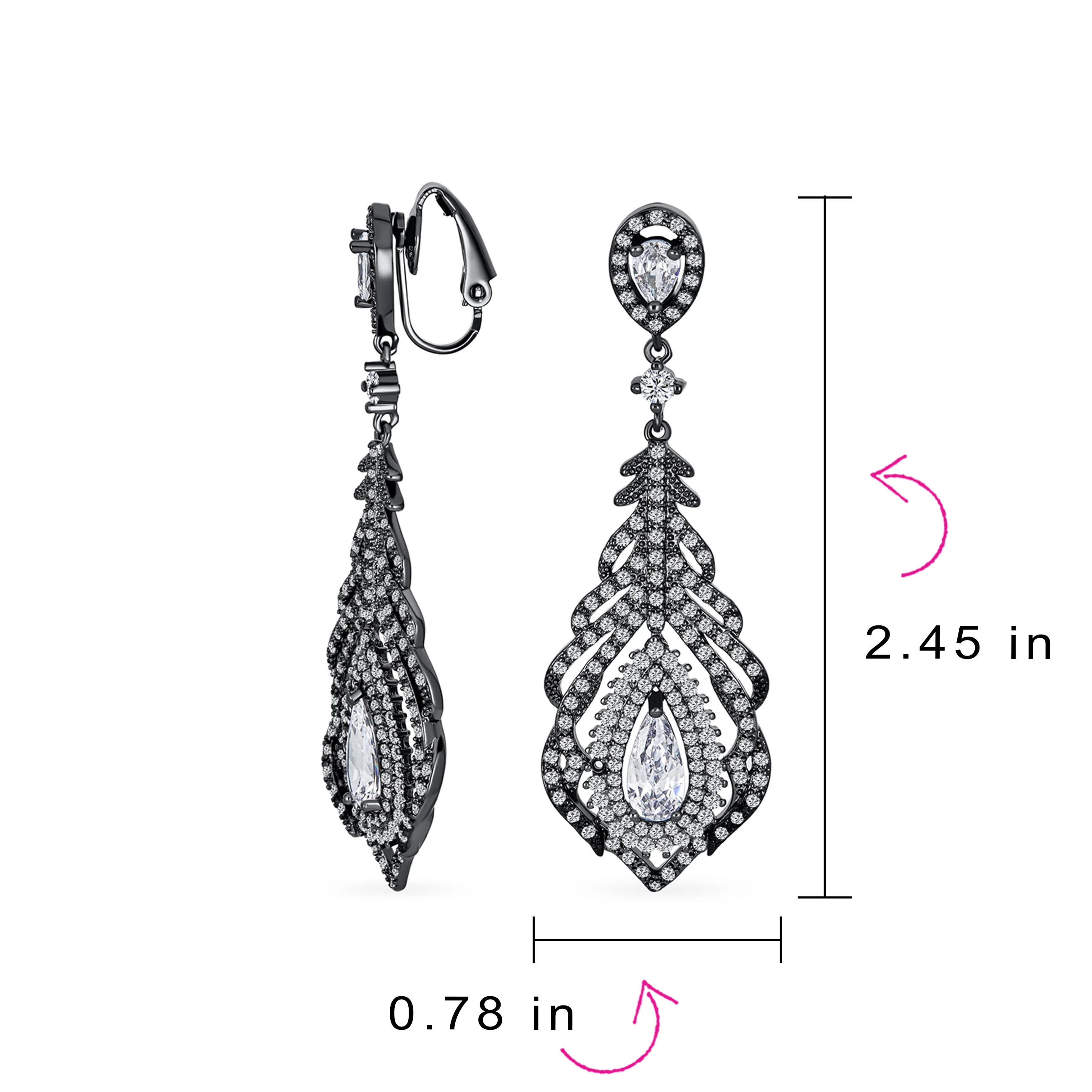 Art Deco Style Cubic Zirconia Leaf Shape Teardrop Statement CZ Chandelier Clip On Earrings - Image 8