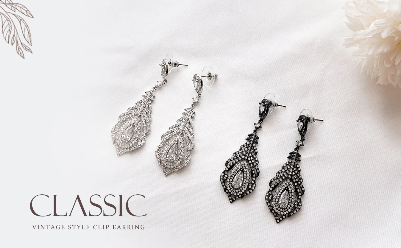 Art Deco Style Cubic Zirconia Leaf Shape Teardrop Statement CZ Chandelier Clip On Earrings - Image 9