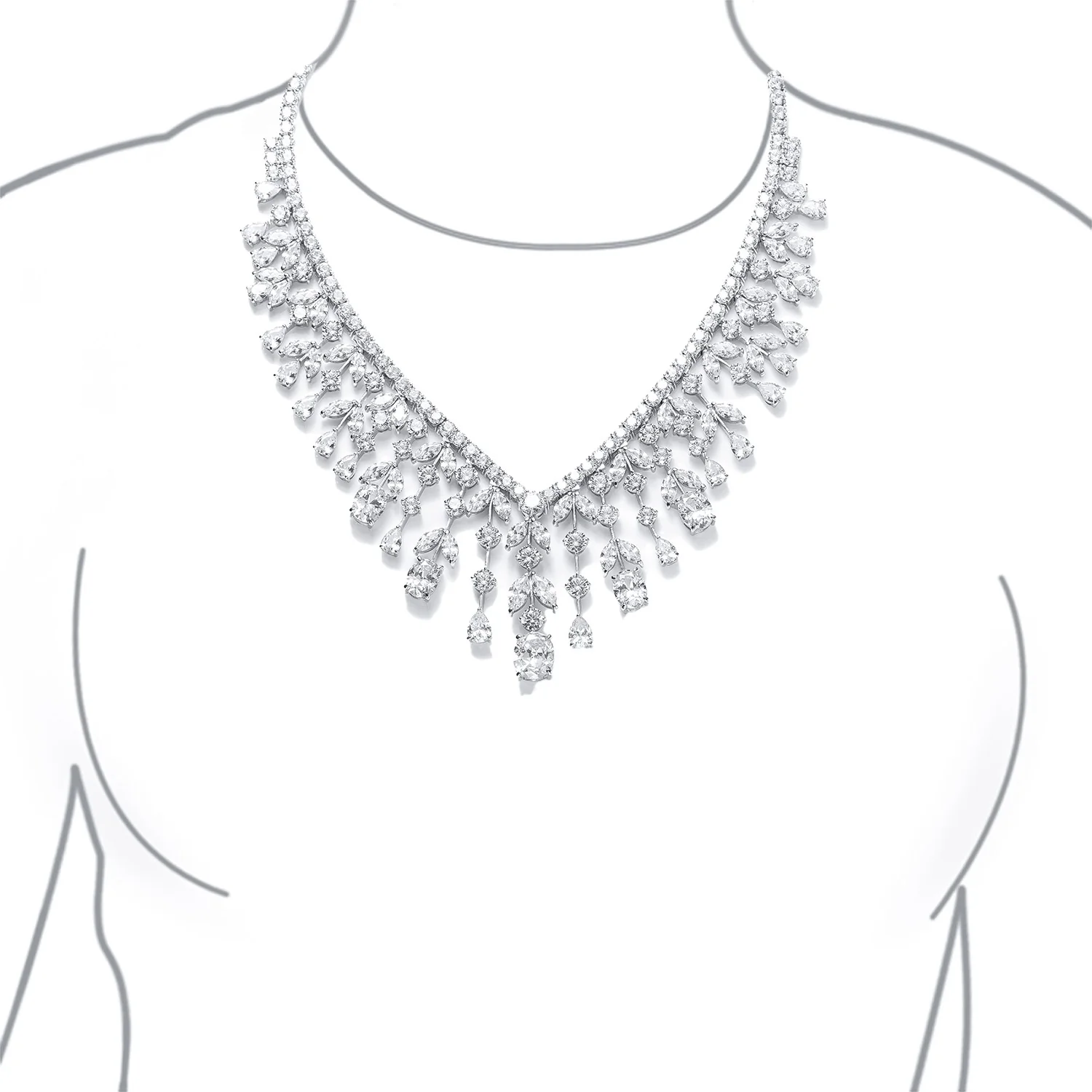 Art Deco Bridal Teardrop CZ Collar Necklace Silver Plated - Image 5