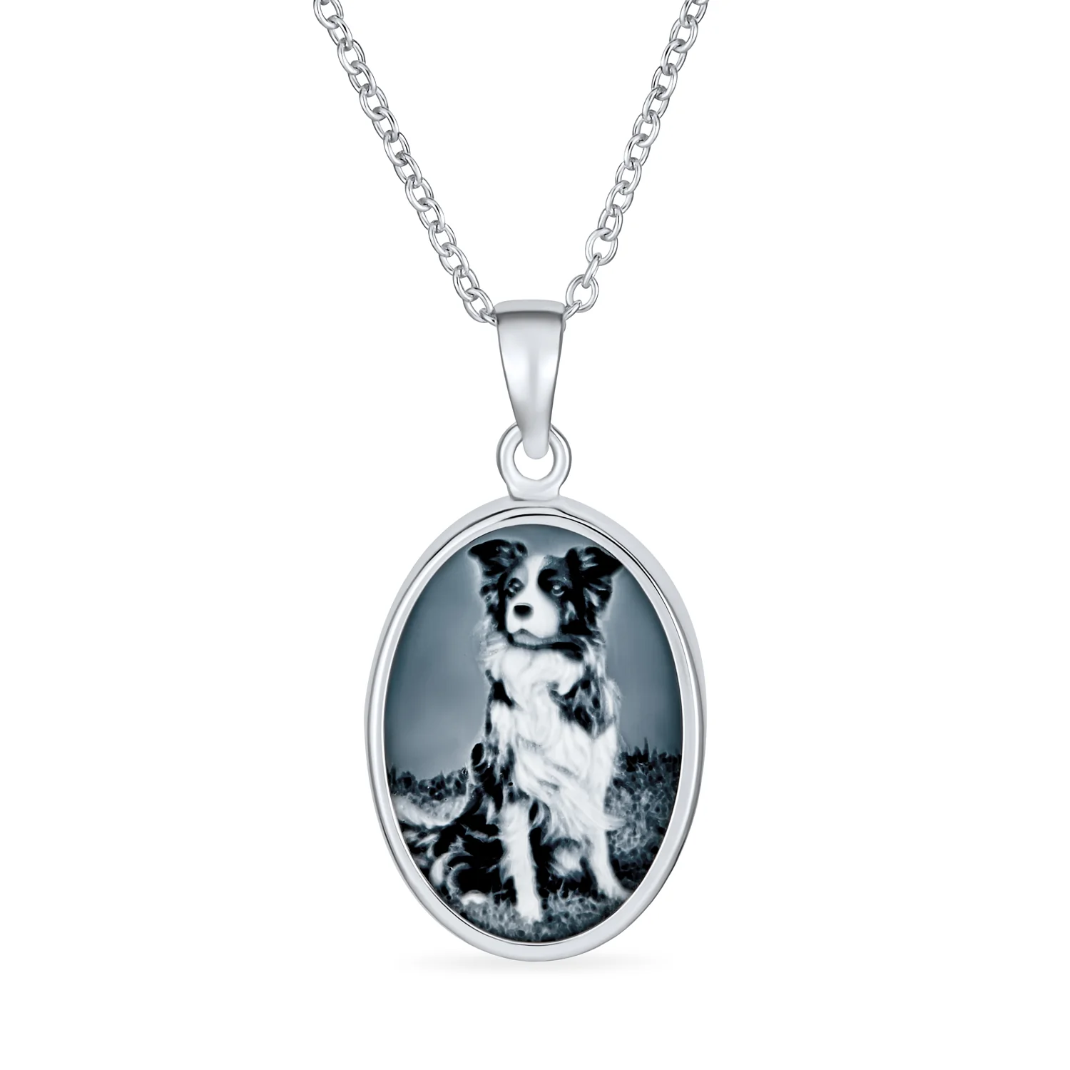 Vintage Antique Style Black Onyx Puppy Dog Cameo Pendant Necklace Silver
