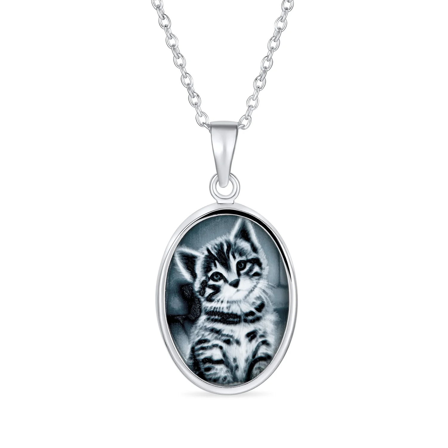 Cat Cameo Pendant Necklace Kitten Portrait Black CZ Two Tone .925 Sterling Silver
