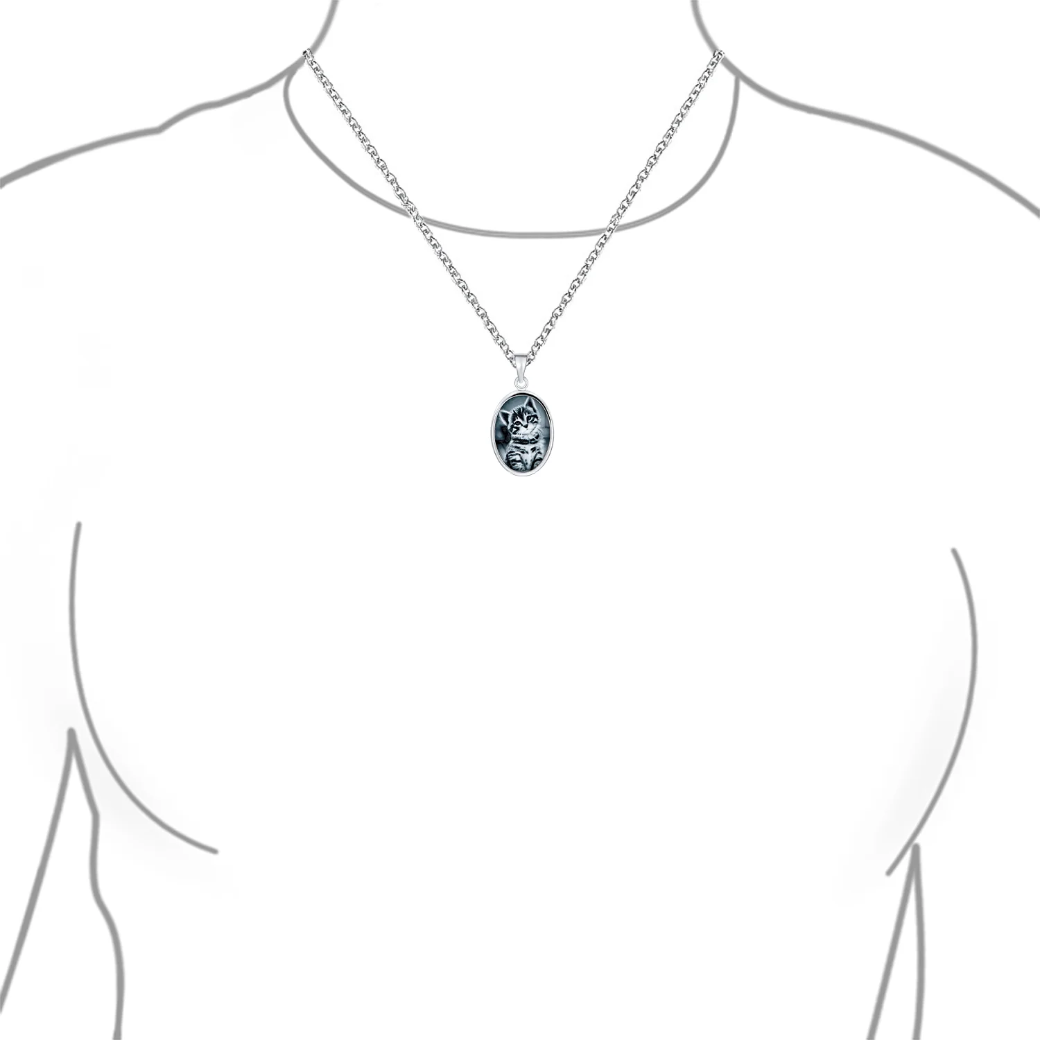 Cat Cameo Pendant Necklace Kitten Portrait Black CZ Two Tone .925 Sterling Silver - Image 3