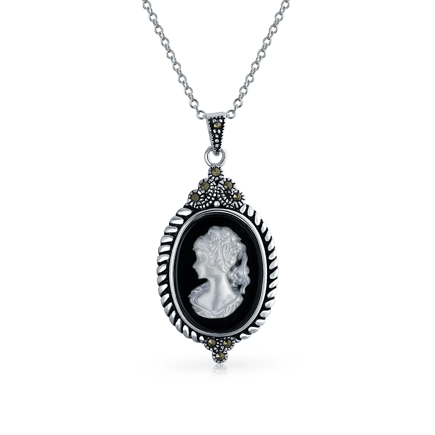 Vintage Black Frame Mother of Pearl Cameo Pendant Necklace
