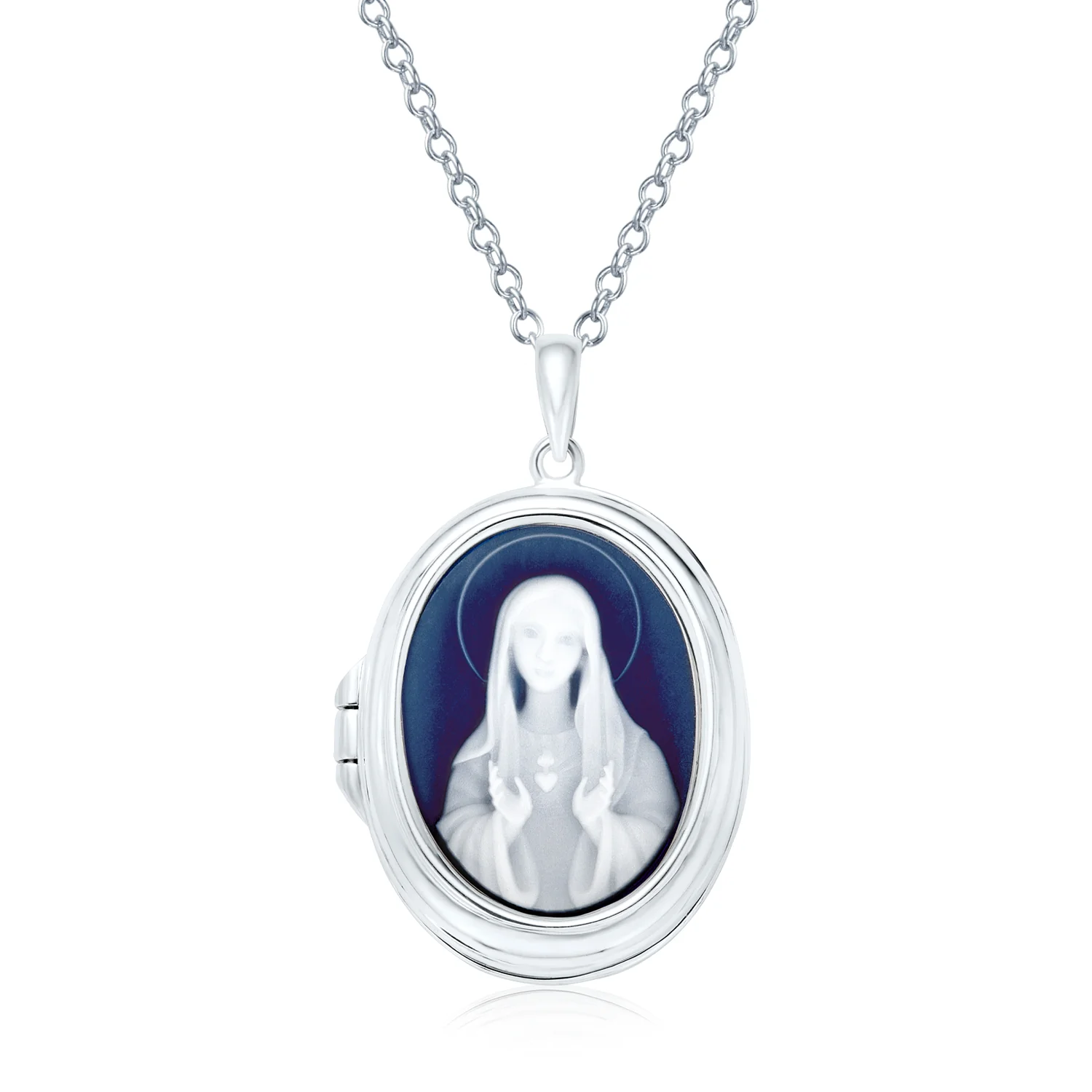 Vintage Style Blue Agate Our Lady of Guadalupe Locket Necklace Sterling Silver