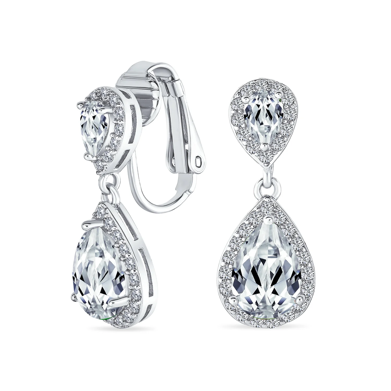 Classic Bridal Cocktail Halo Cubic Zirconia Blue CZ Double Solitaire Teardrop Dangle Clip On Earrings