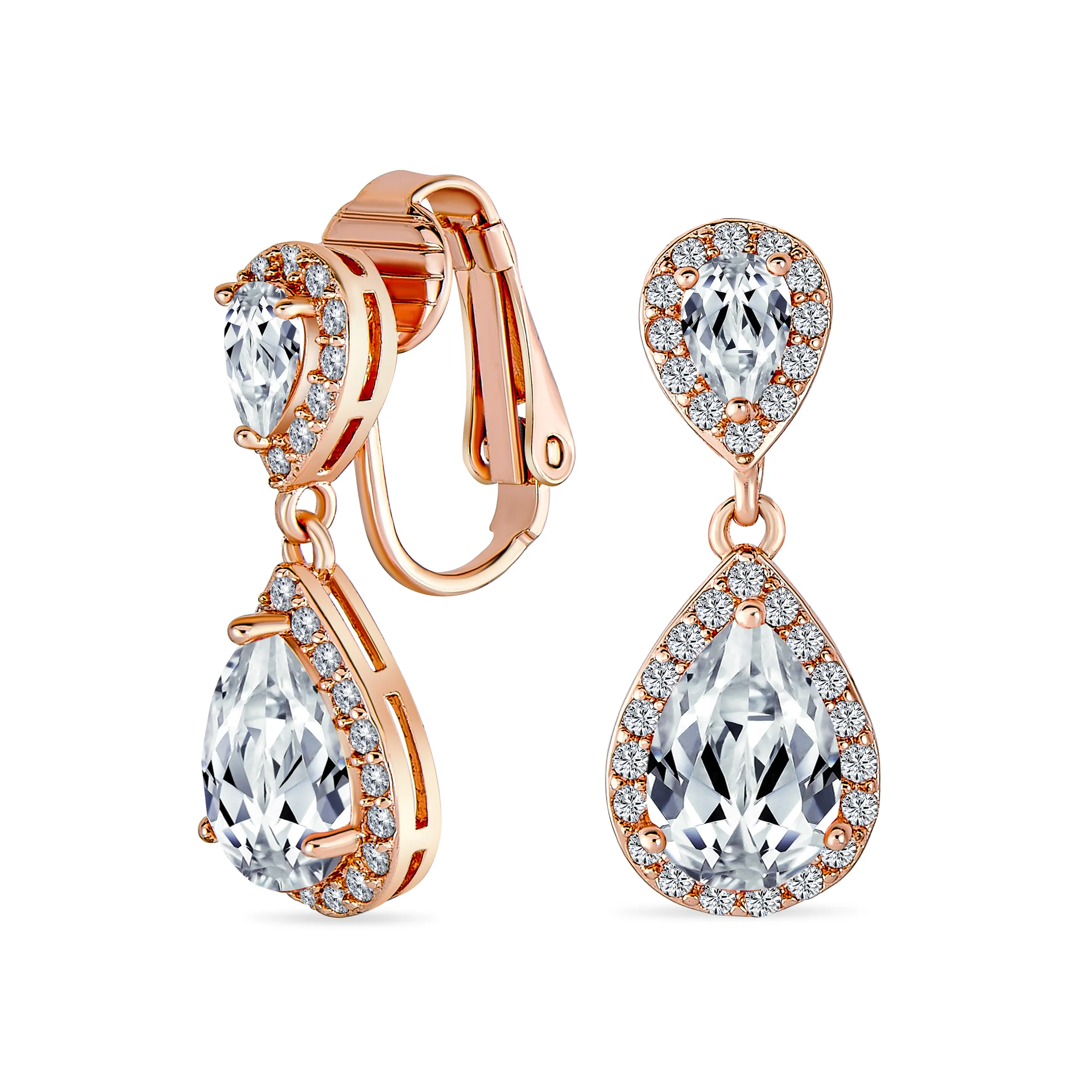 Classic Bridal Cocktail Halo Cubic Zirconia Blue CZ Double Solitaire Teardrop Dangle Clip On Earrings - Image 10