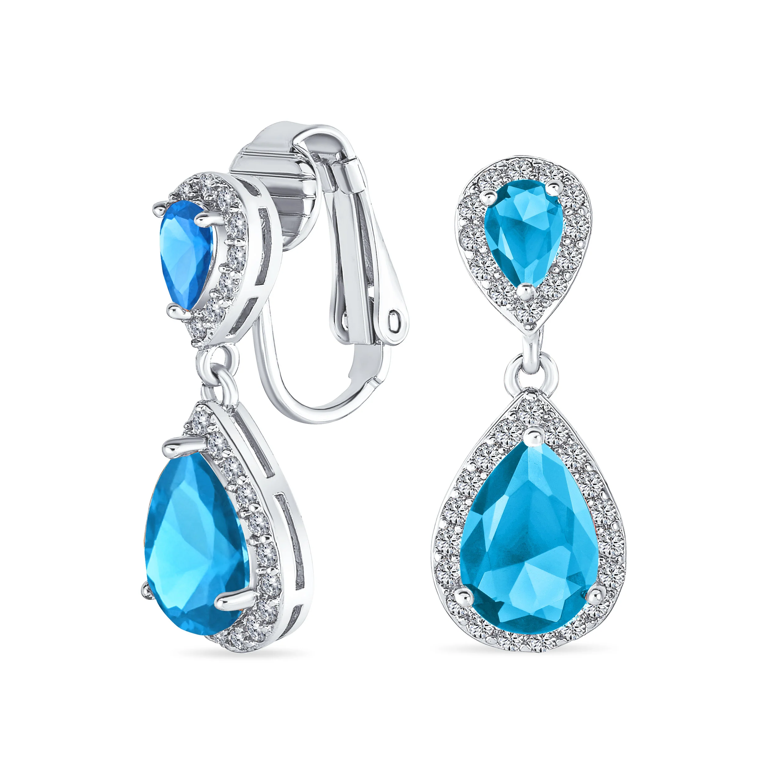 Classic Bridal Cocktail Halo Cubic Zirconia Blue CZ Double Solitaire Teardrop Dangle Clip On Earrings - Image 11