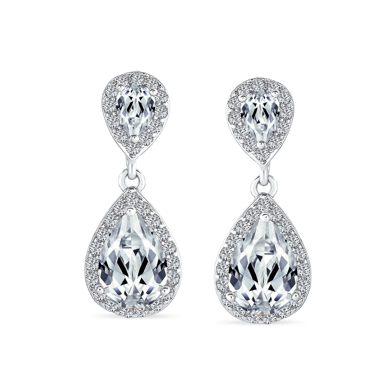 Classic Bridal Cocktail Halo Cubic Zirconia Blue CZ Double Solitaire Teardrop Dangle Clip On Earrings - Image 12