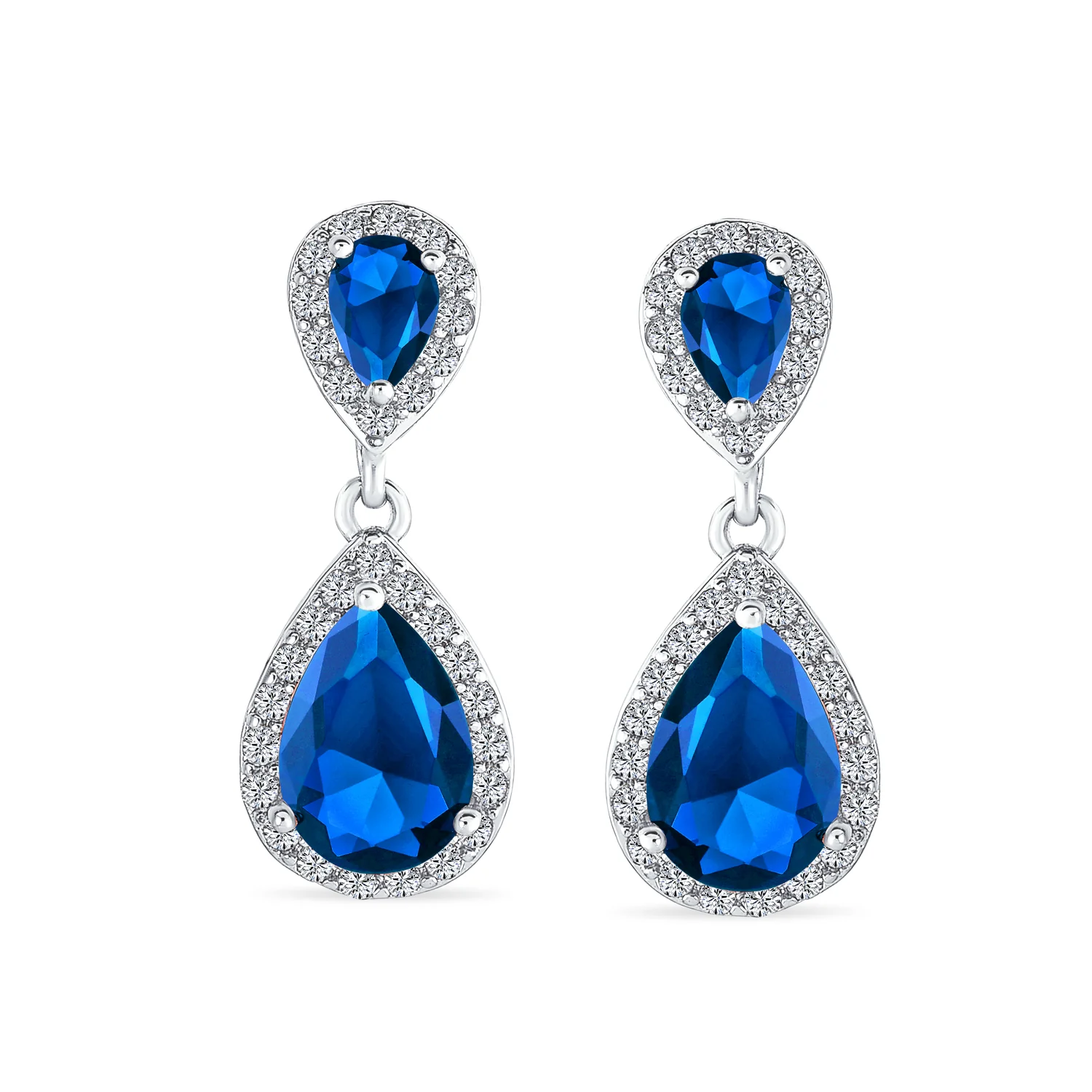 Classic Bridal Cocktail Halo Cubic Zirconia Blue CZ Double Solitaire Teardrop Dangle Clip On Earrings - Image 13