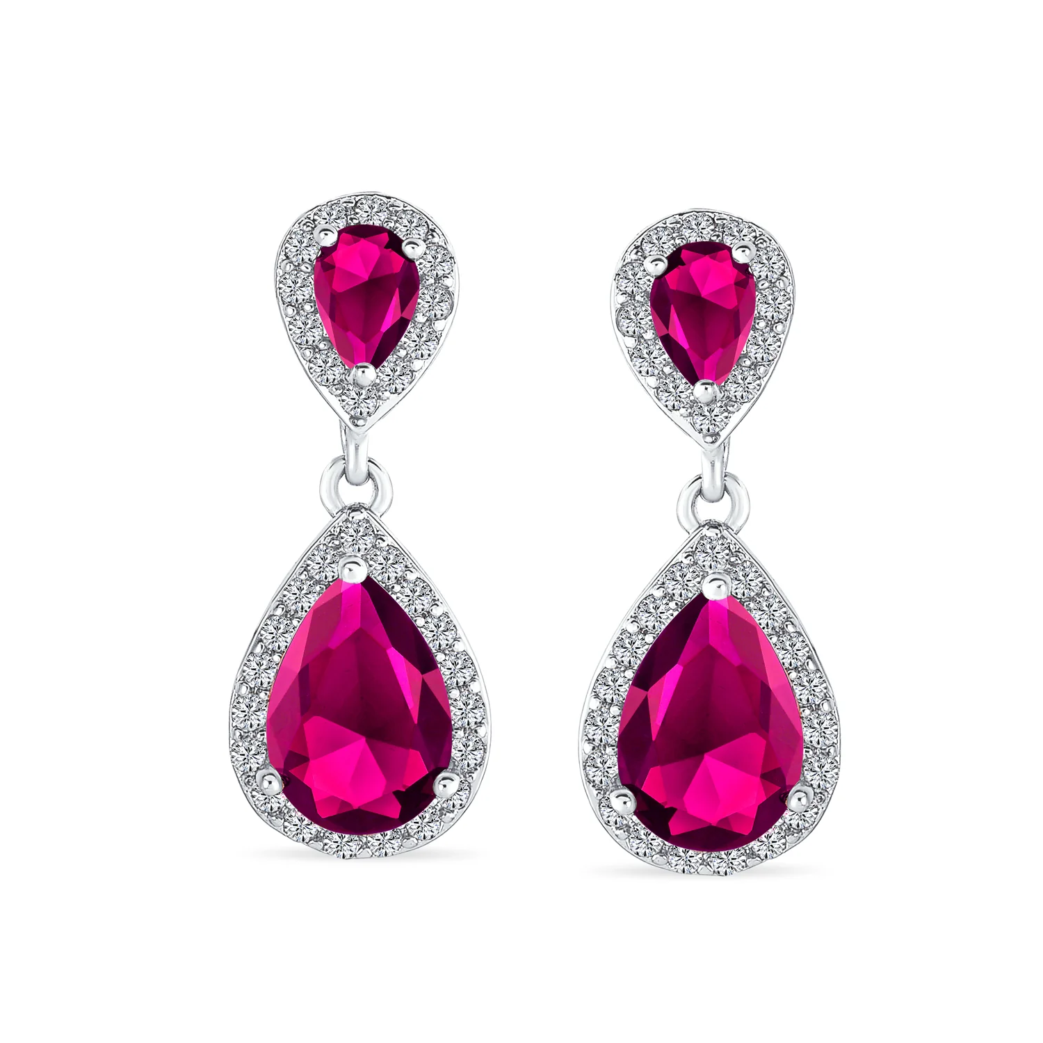 Classic Bridal Cocktail Halo Cubic Zirconia Blue CZ Double Solitaire Teardrop Dangle Clip On Earrings - Image 15
