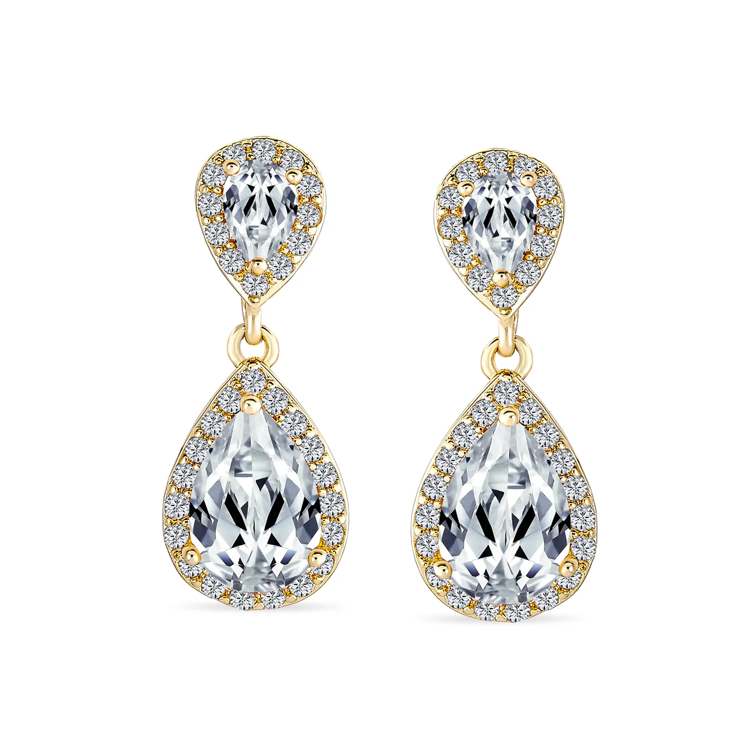 Classic Bridal Cocktail Halo Cubic Zirconia Blue CZ Double Solitaire Teardrop Dangle Clip On Earrings - Image 16
