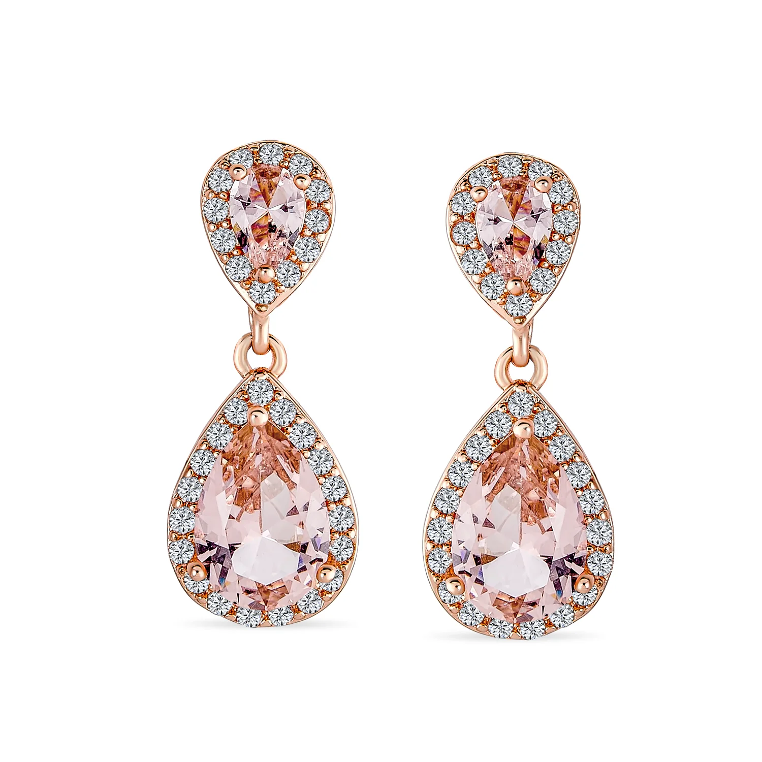 Classic Bridal Cocktail Halo Cubic Zirconia Blue CZ Double Solitaire Teardrop Dangle Clip On Earrings - Image 17