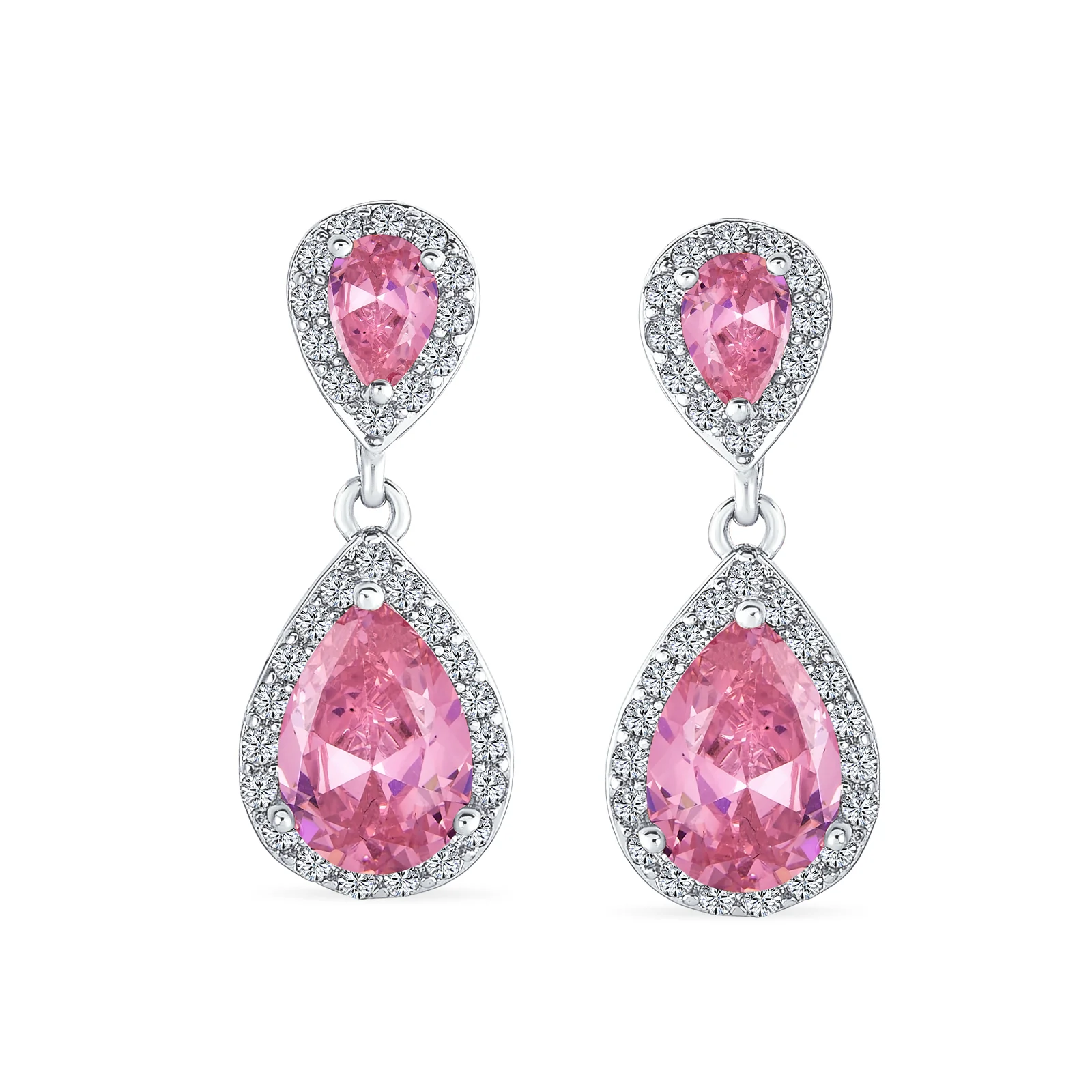 Classic Bridal Cocktail Halo Cubic Zirconia Blue CZ Double Solitaire Teardrop Dangle Clip On Earrings - Image 18