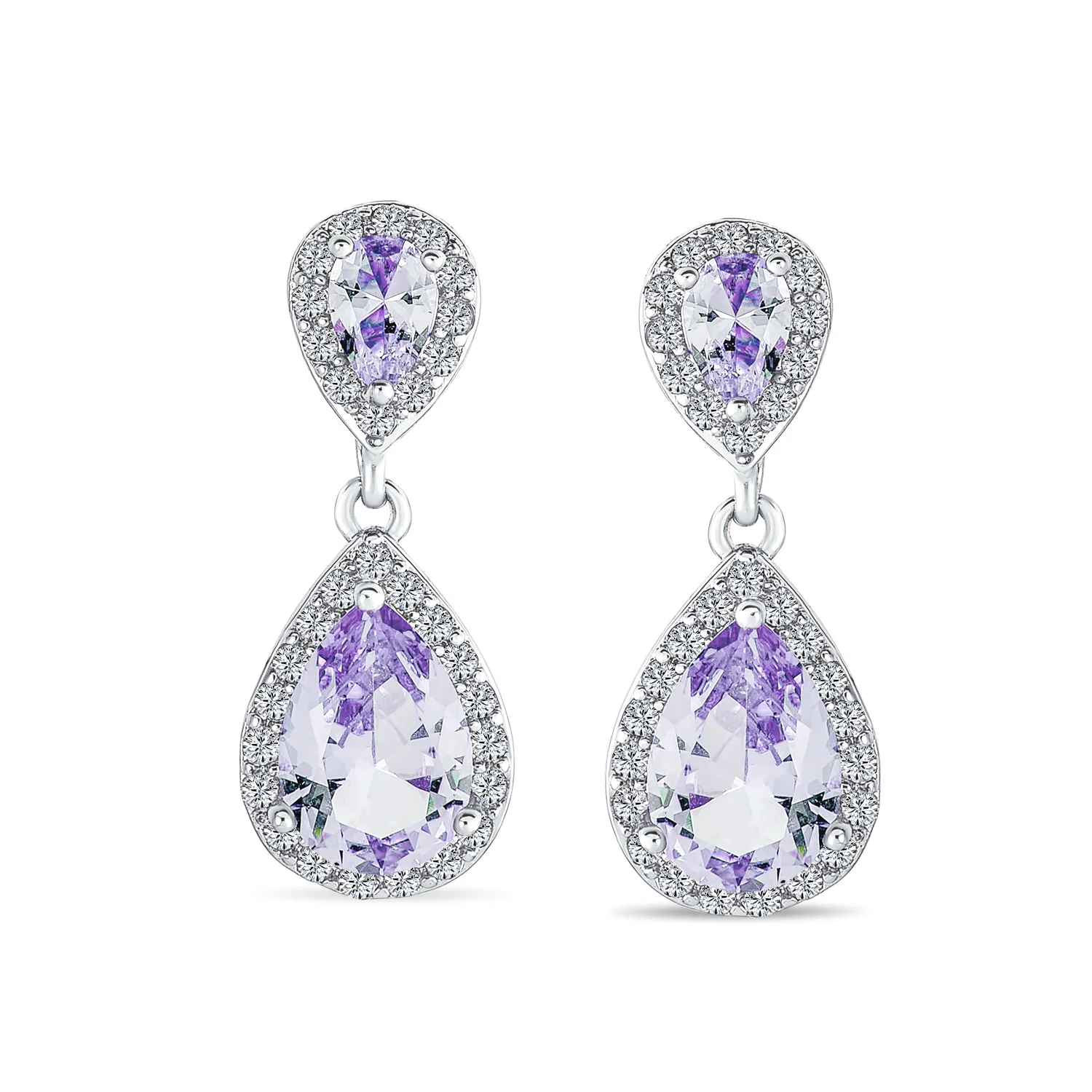 Classic Bridal Cocktail Halo Cubic Zirconia Blue CZ Double Solitaire Teardrop Dangle Clip On Earrings - Image 19