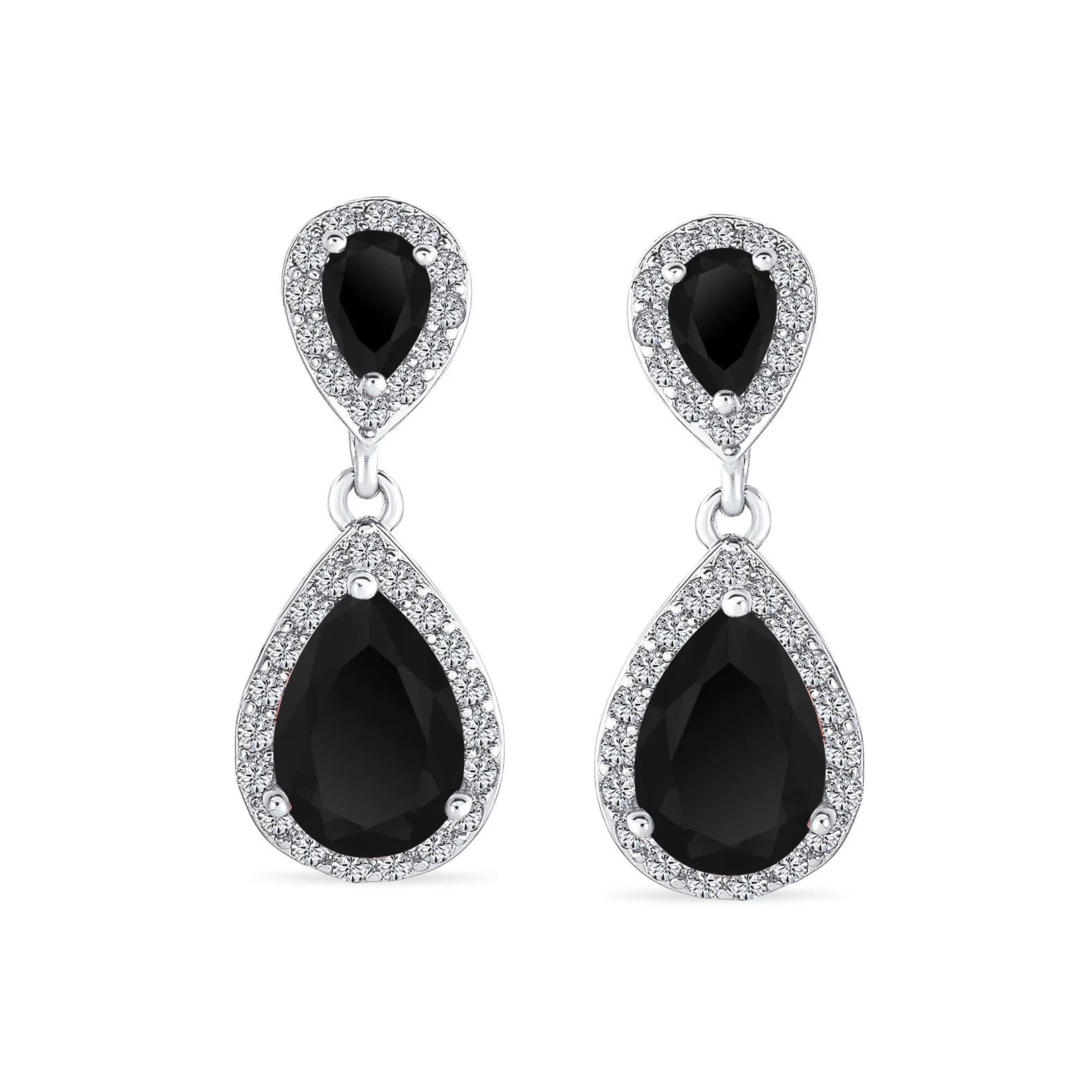 Classic Bridal Cocktail Halo Cubic Zirconia Blue CZ Double Solitaire Teardrop Dangle Clip On Earrings - Image 20
