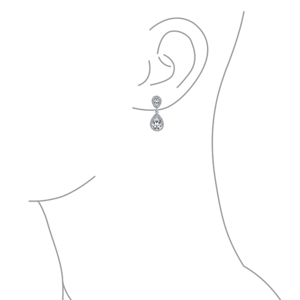 Classic Bridal Cocktail Halo Cubic Zirconia Blue CZ Double Solitaire Teardrop Dangle Clip On Earrings - Image 23