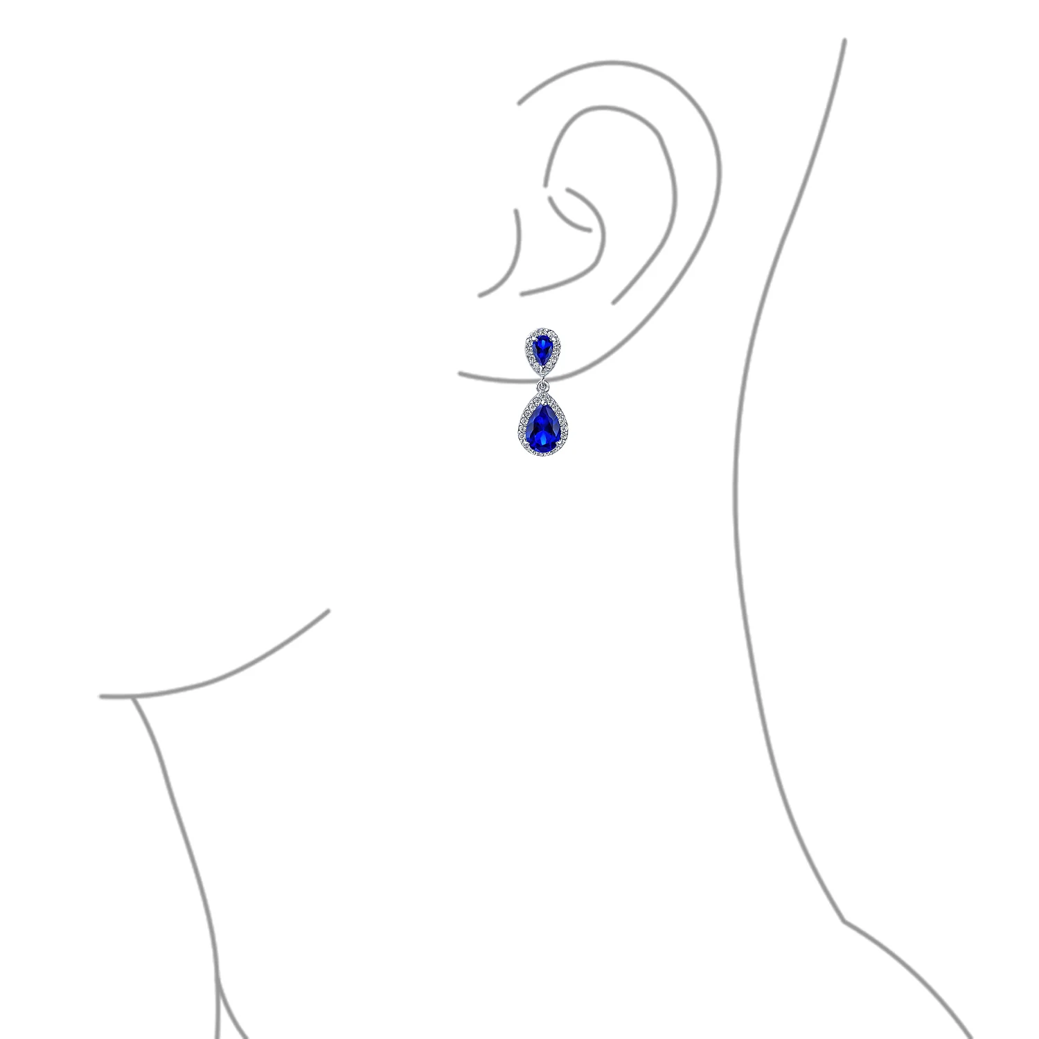Classic Bridal Cocktail Halo Cubic Zirconia Blue CZ Double Solitaire Teardrop Dangle Clip On Earrings - Image 24