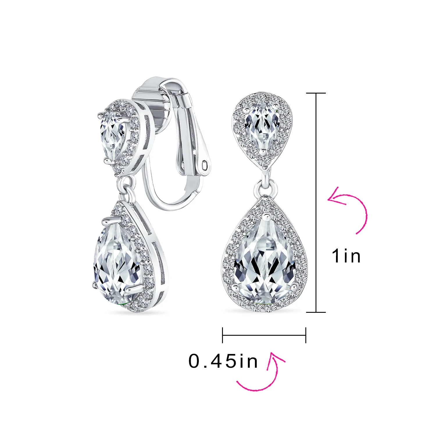 Classic Bridal Cocktail Halo Cubic Zirconia Blue CZ Double Solitaire Teardrop Dangle Clip On Earrings - Image 34