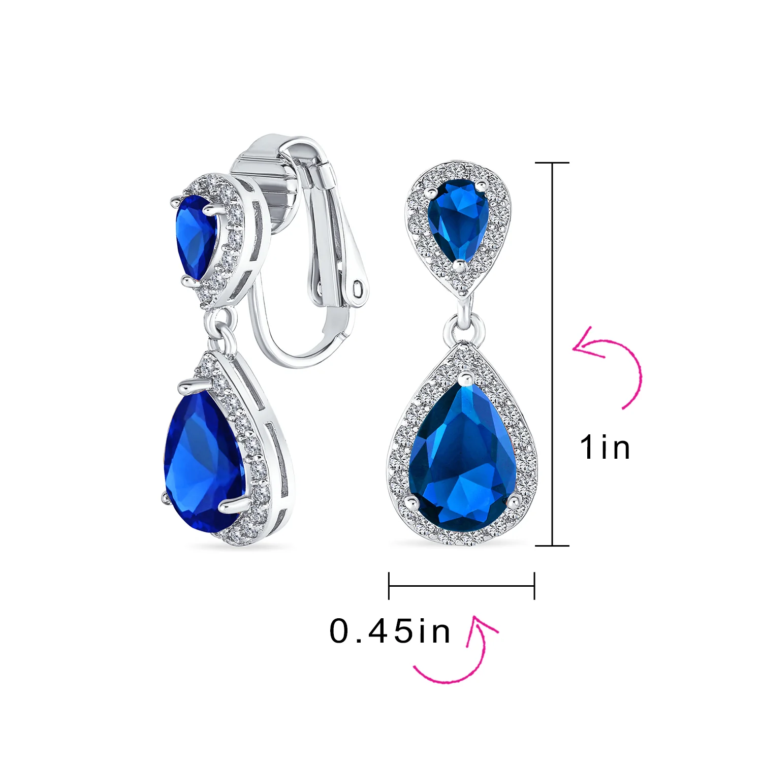 Classic Bridal Cocktail Halo Cubic Zirconia Blue CZ Double Solitaire Teardrop Dangle Clip On Earrings - Image 35