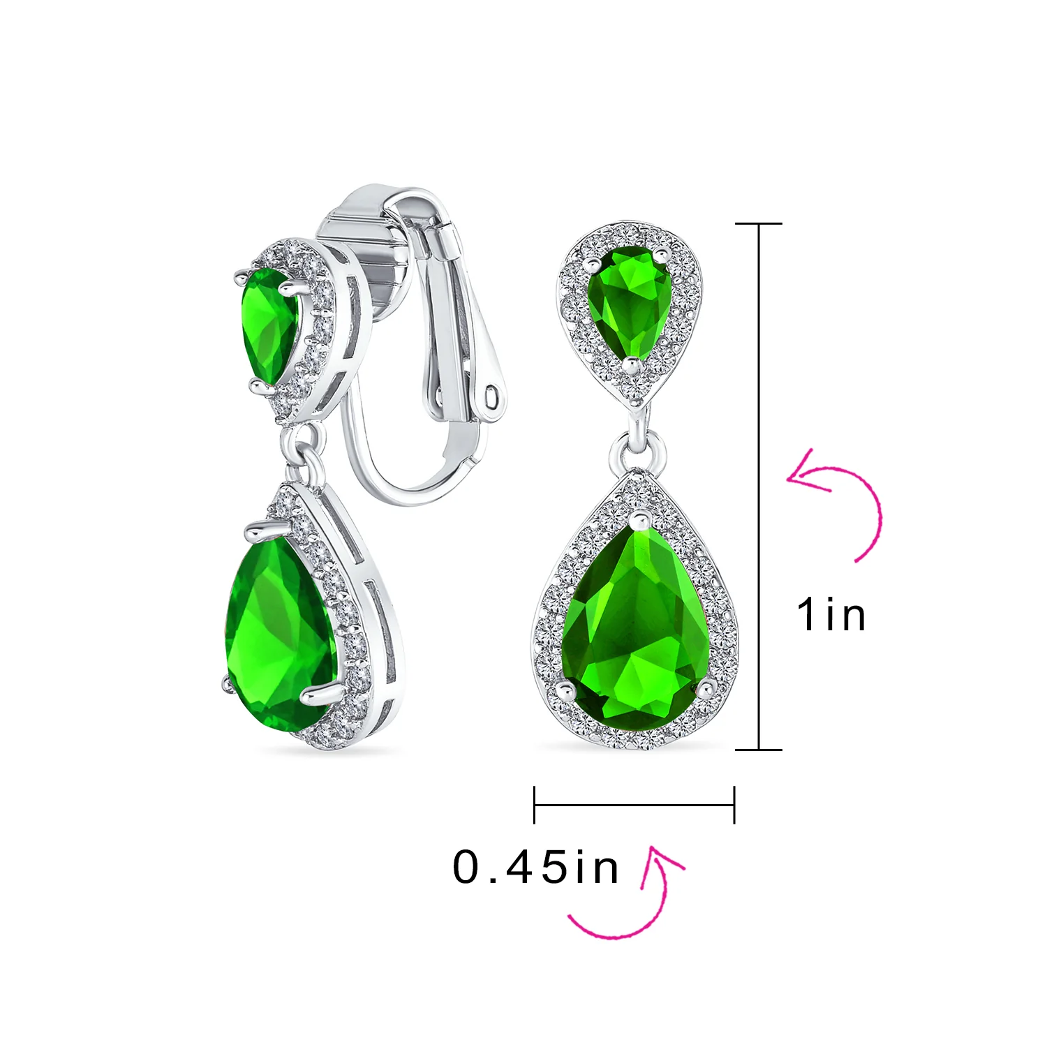 Classic Bridal Cocktail Halo Cubic Zirconia Blue CZ Double Solitaire Teardrop Dangle Clip On Earrings - Image 36