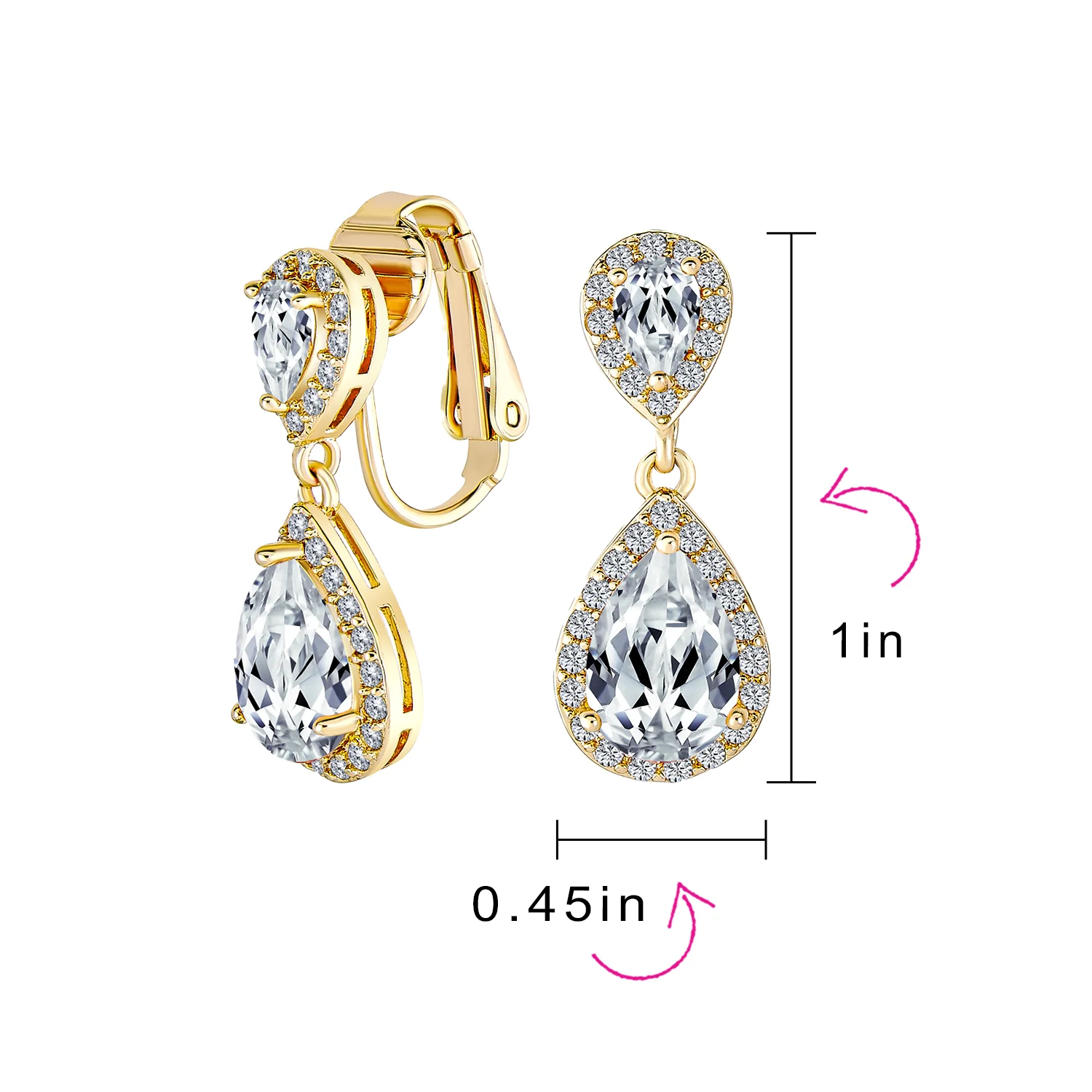Classic Bridal Cocktail Halo Cubic Zirconia Blue CZ Double Solitaire Teardrop Dangle Clip On Earrings - Image 38