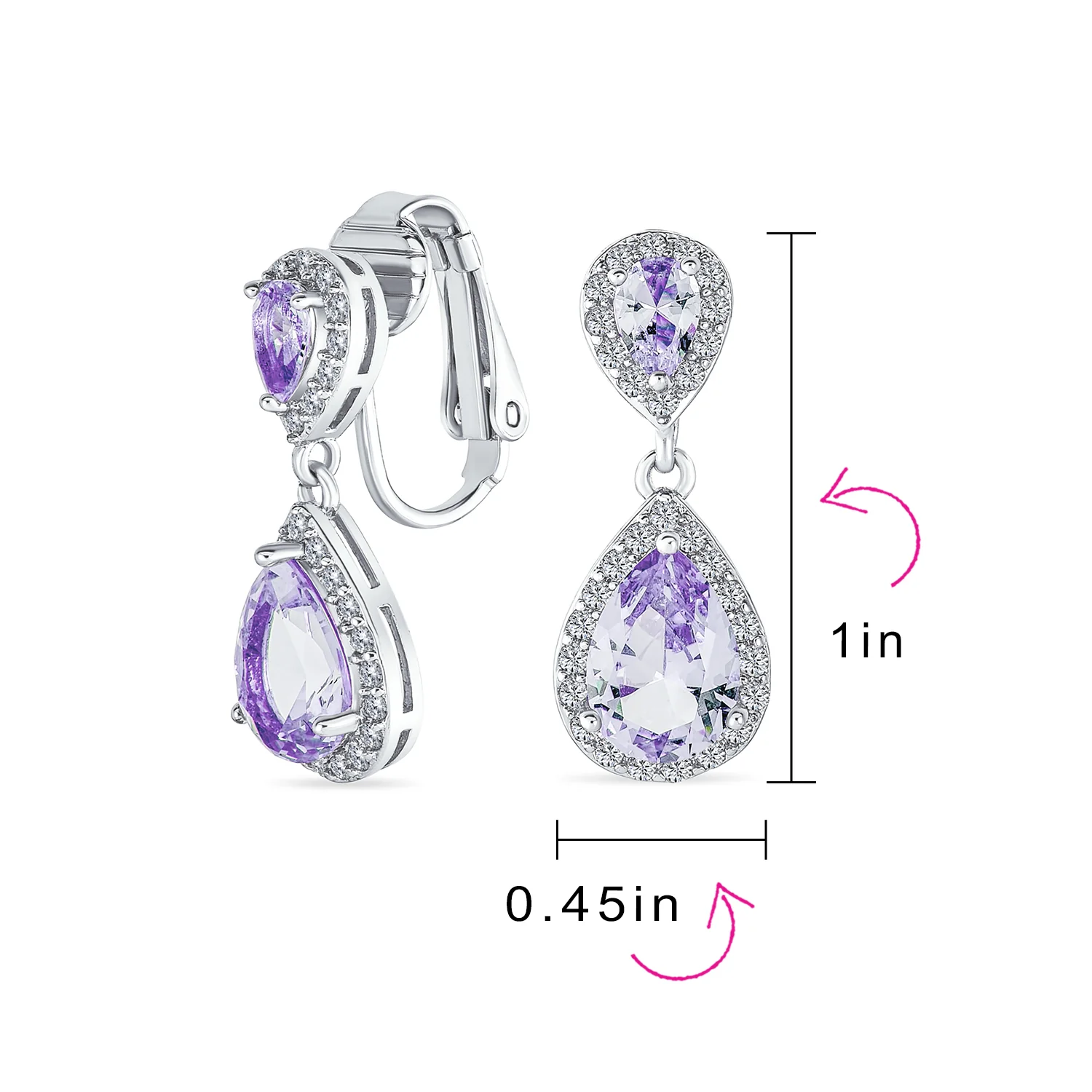 Classic Bridal Cocktail Halo Cubic Zirconia Blue CZ Double Solitaire Teardrop Dangle Clip On Earrings - Image 41