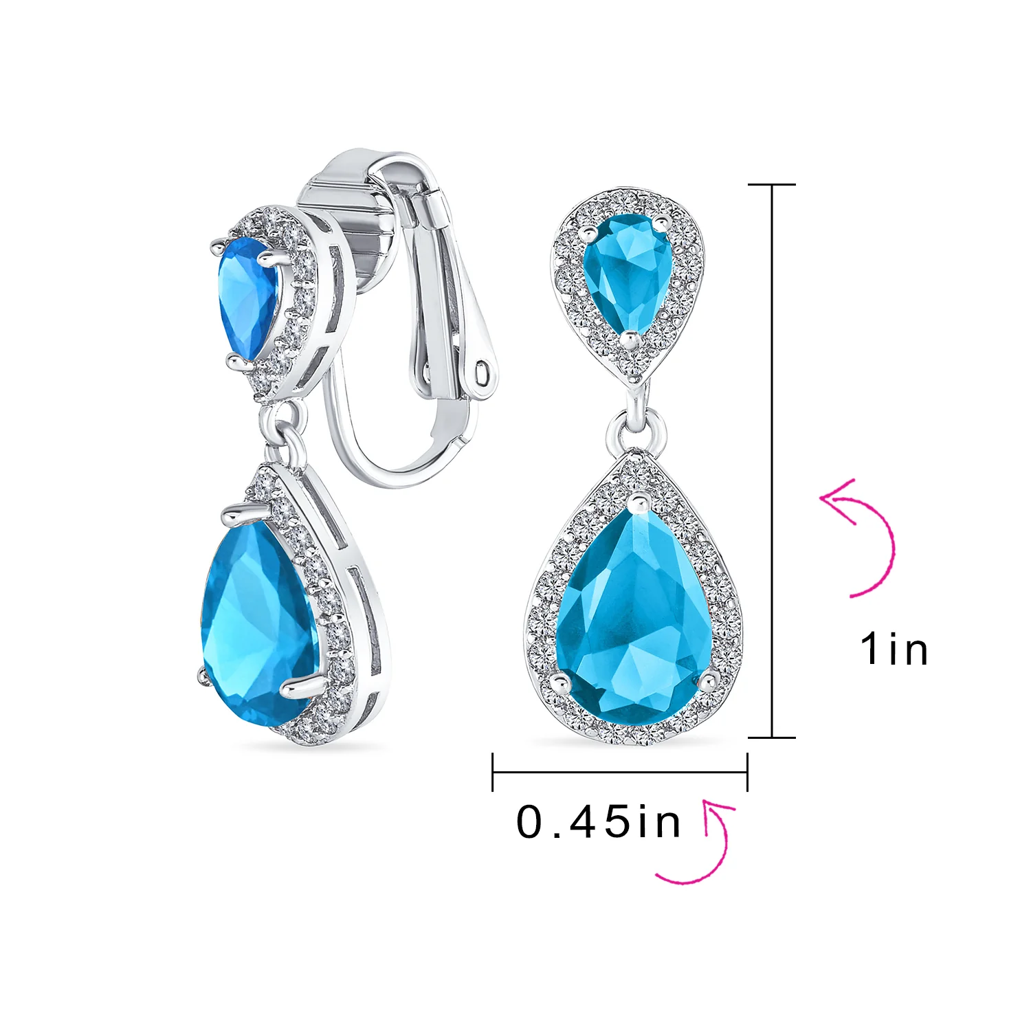 Classic Bridal Cocktail Halo Cubic Zirconia Blue CZ Double Solitaire Teardrop Dangle Clip On Earrings - Image 44