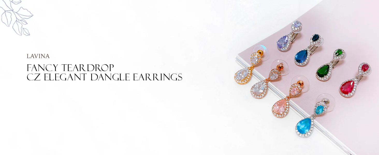 Classic Bridal Cocktail Halo Cubic Zirconia Blue CZ Double Solitaire Teardrop Dangle Clip On Earrings - Image 56