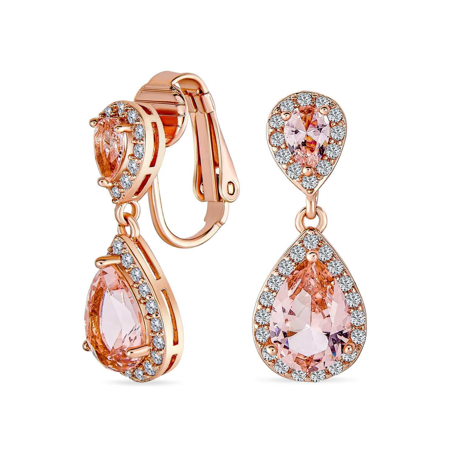 Classic Bridal Cocktail Halo Cubic Zirconia Blue CZ Double Solitaire Teardrop Dangle Clip On Earrings - Image 6