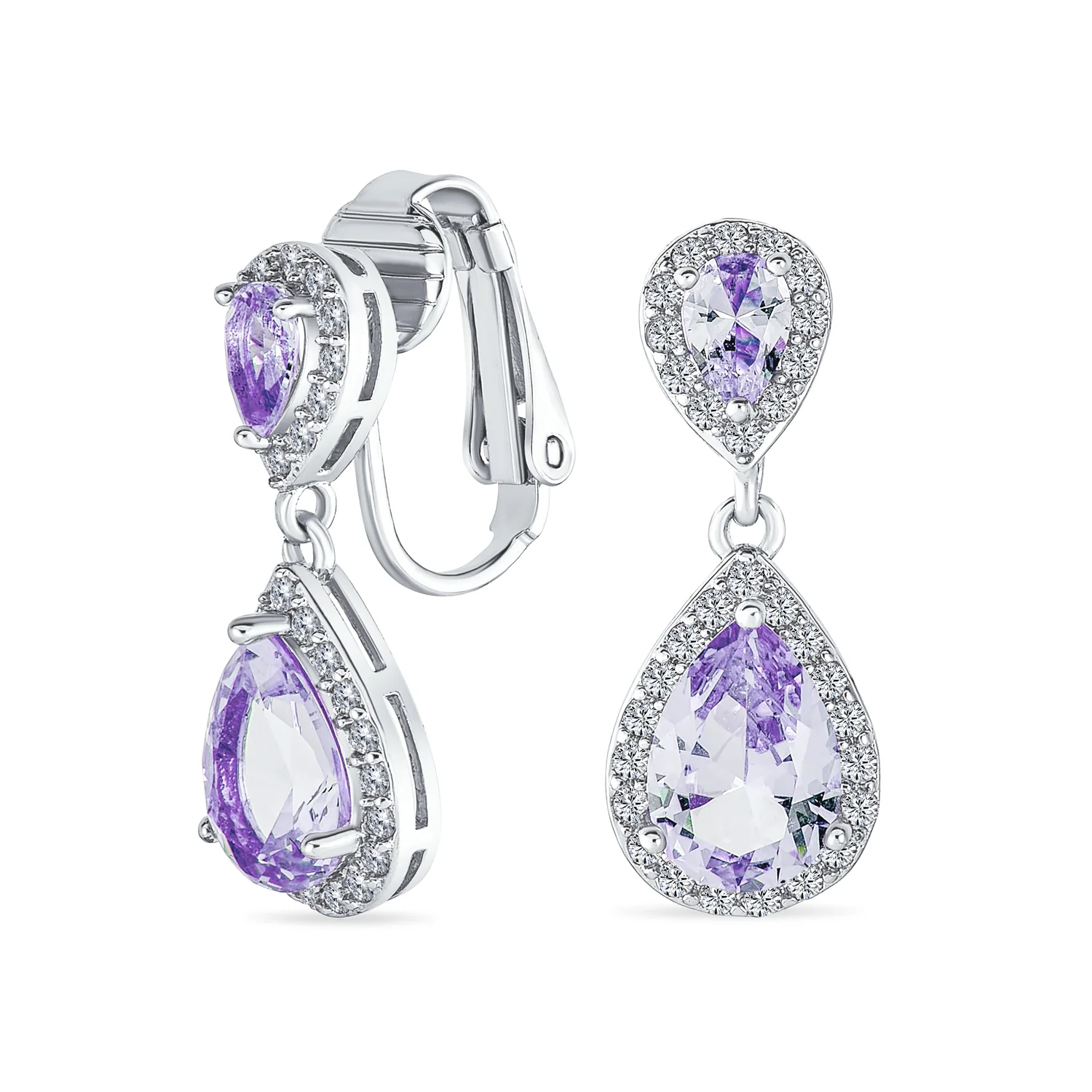 Classic Bridal Cocktail Halo Cubic Zirconia Blue CZ Double Solitaire Teardrop Dangle Clip On Earrings - Image 8