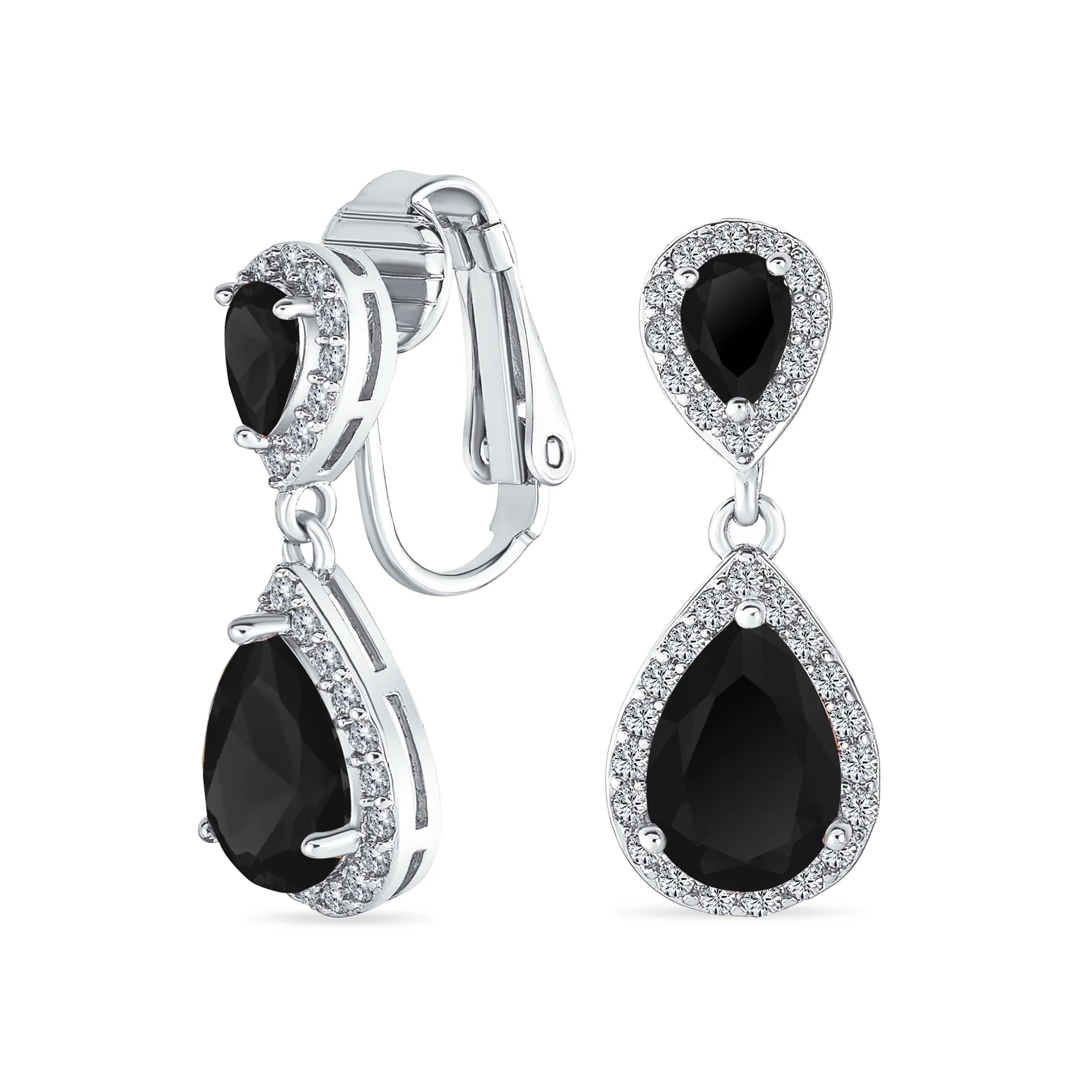 Classic Bridal Cocktail Halo Cubic Zirconia Blue CZ Double Solitaire Teardrop Dangle Clip On Earrings - Image 9