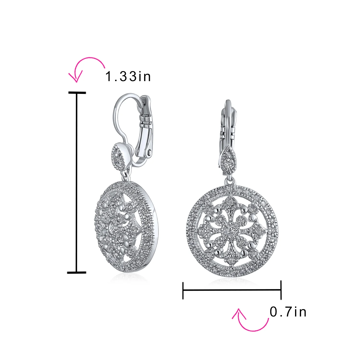 Vintage Style Bridal Round Medallion Cubic Zirconia CZ Dangle Statement Earrings Silver Plated - Image 4