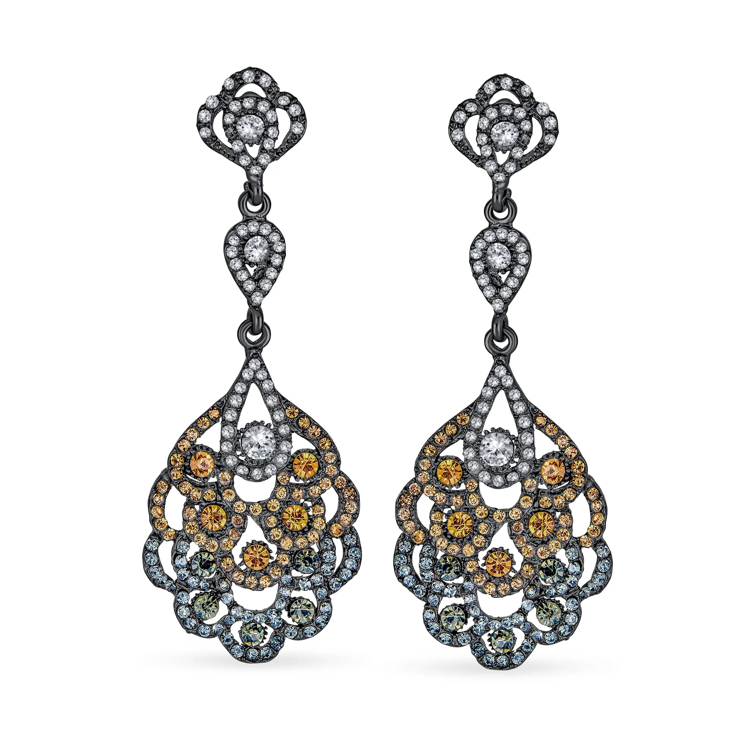 Vintage Estate Style Dangling Lace Flower Pink Black White Crystal Chandelier Statement Earrings - Image 2
