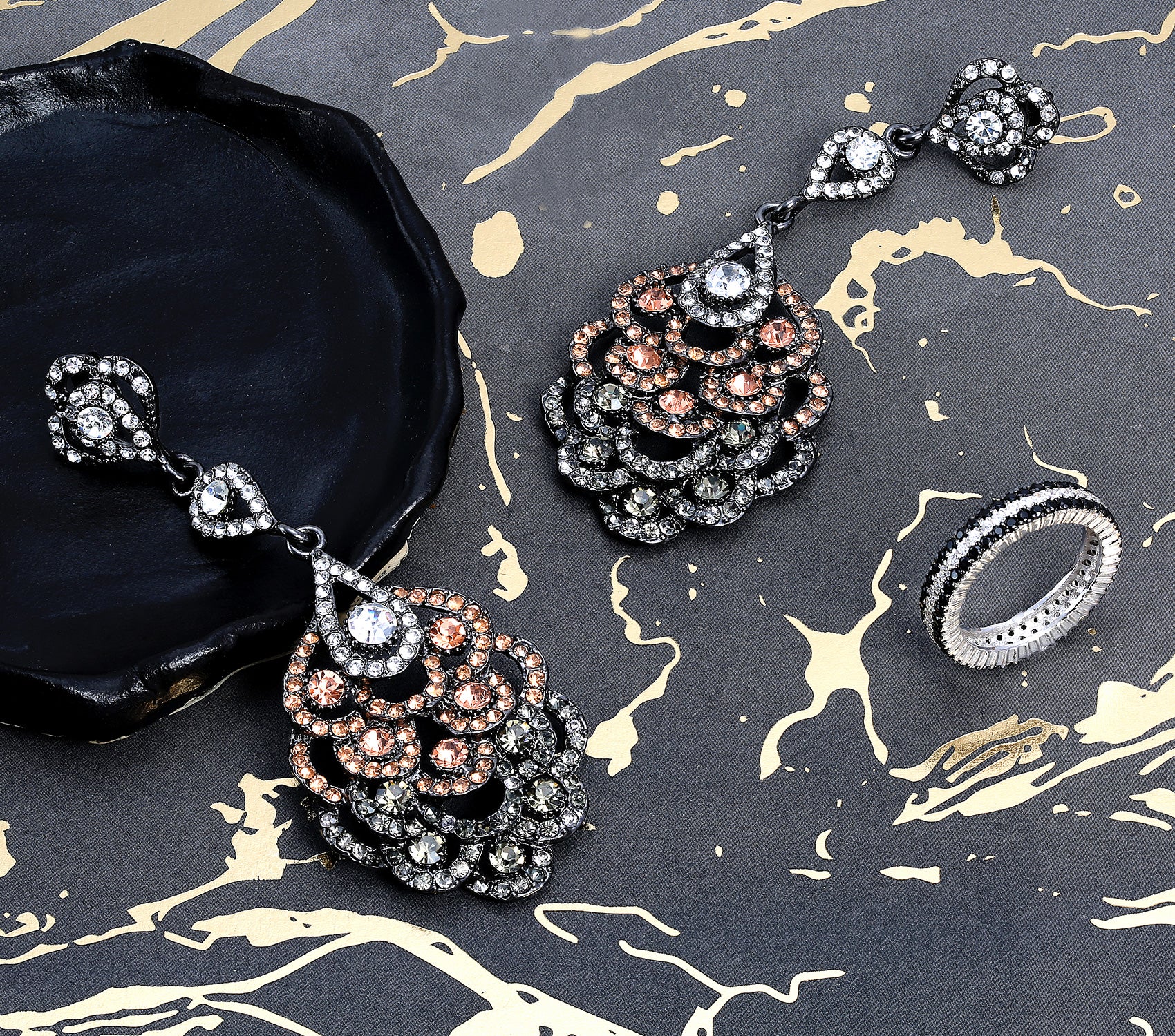 Vintage Estate Style Dangling Lace Flower Pink Black White Crystal Chandelier Statement Earrings - Image 5