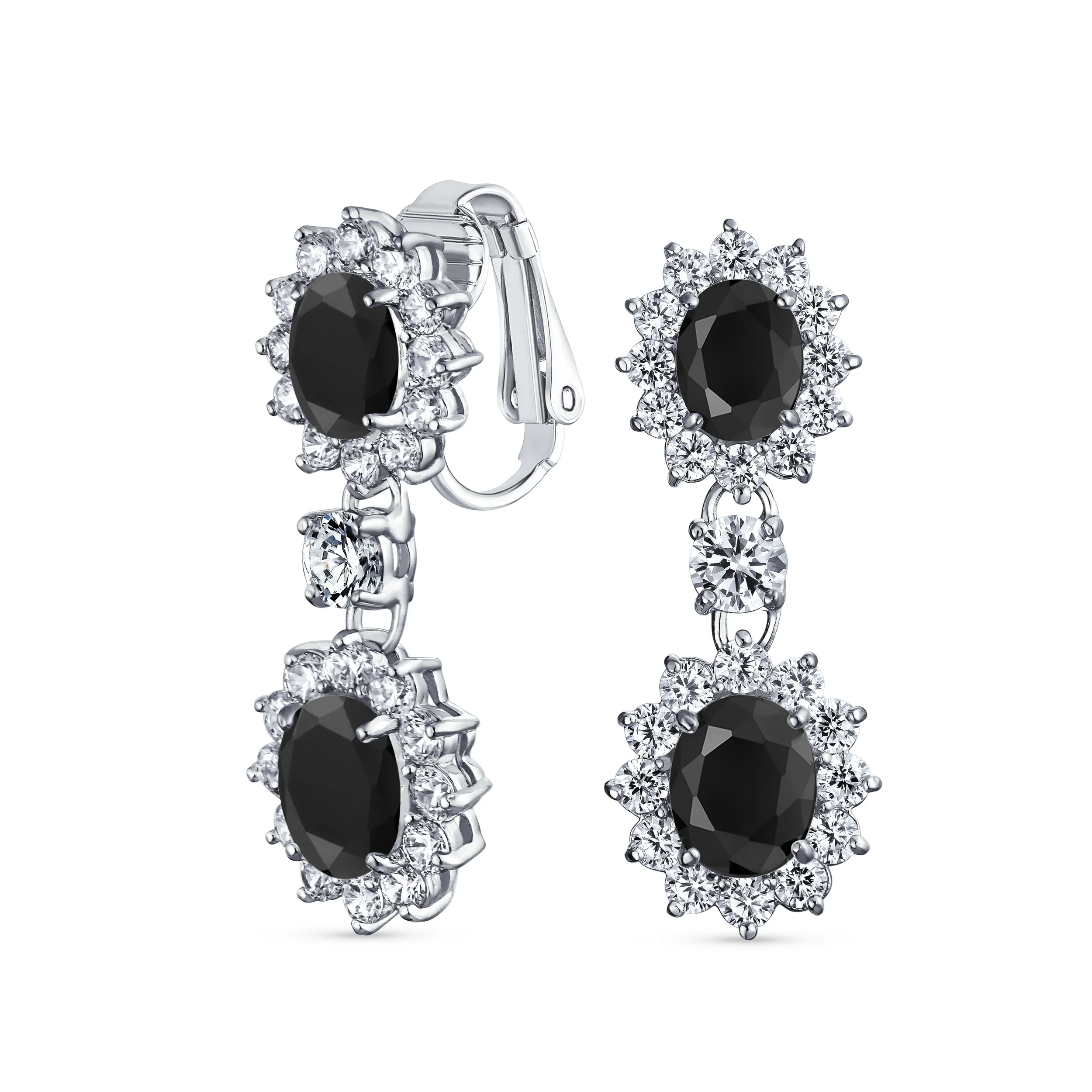 Crown Halo Pave Cubic Zirconia CZ Drop Dangling Oval Chandelier Clip On Earrings Statement Non-Pierced