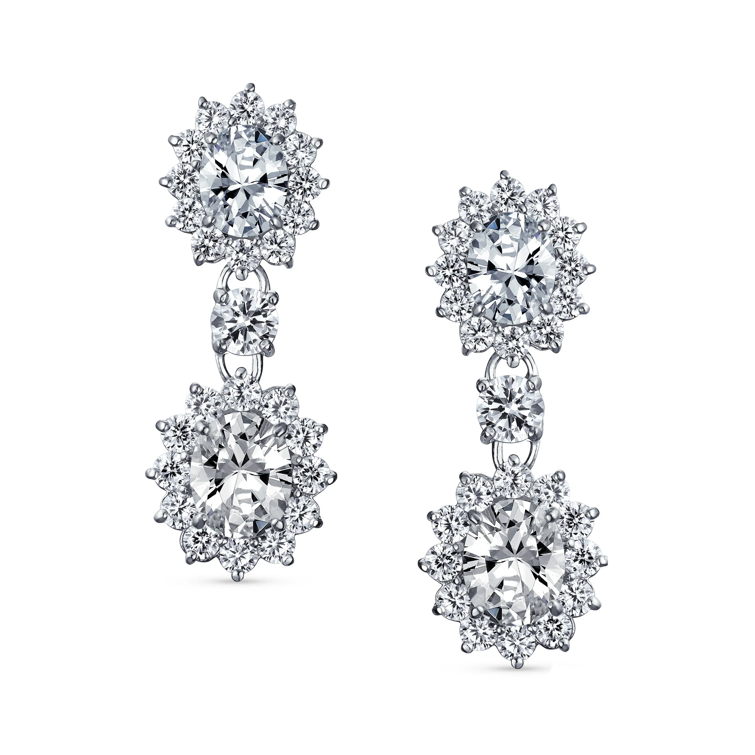 Crown Halo Pave Cubic Zirconia CZ Drop Dangling Oval Chandelier Clip On Earrings Statement Non-Pierced - Image 13