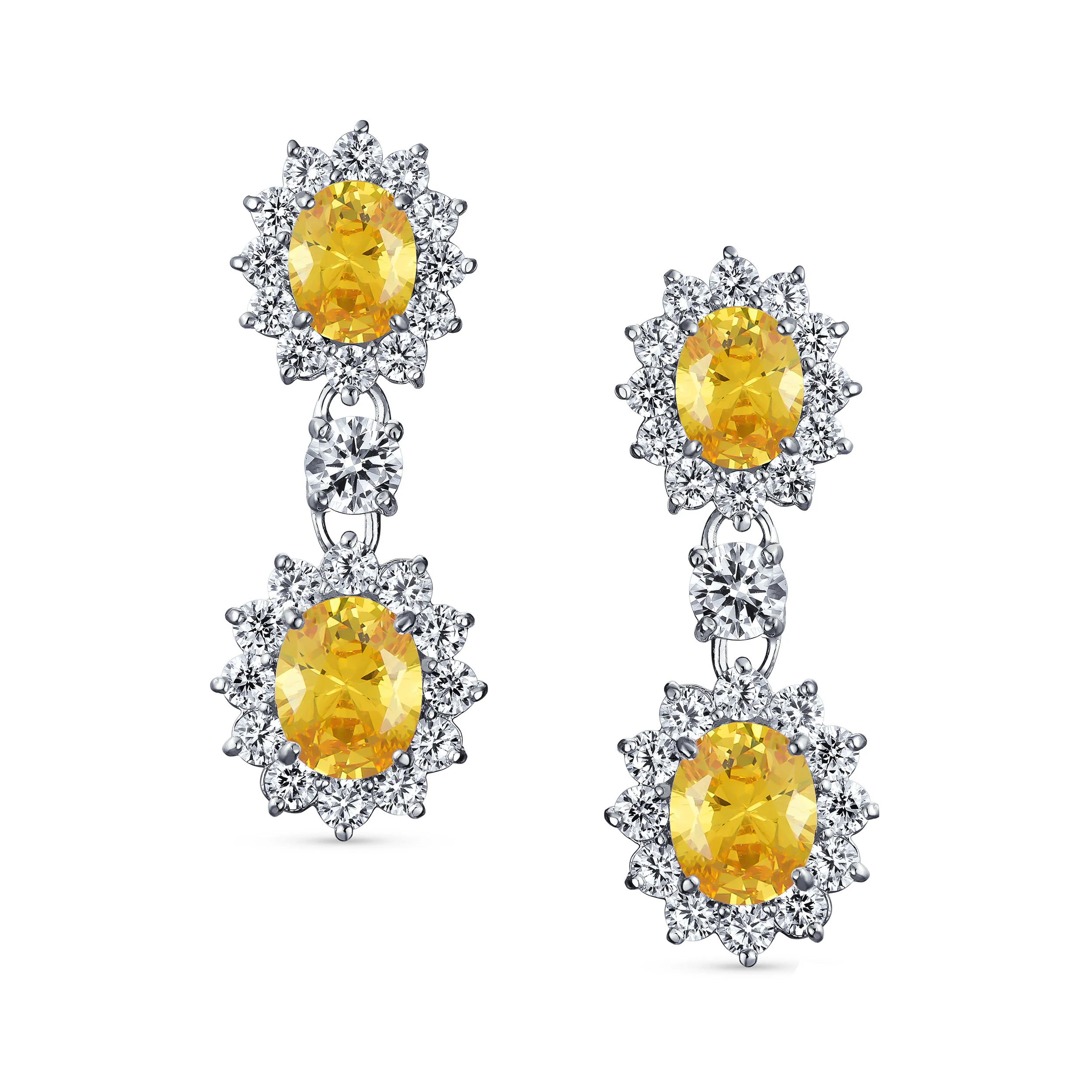 Crown Halo Pave Cubic Zirconia CZ Drop Dangling Oval Chandelier Clip On Earrings Statement Non-Pierced - Image 14